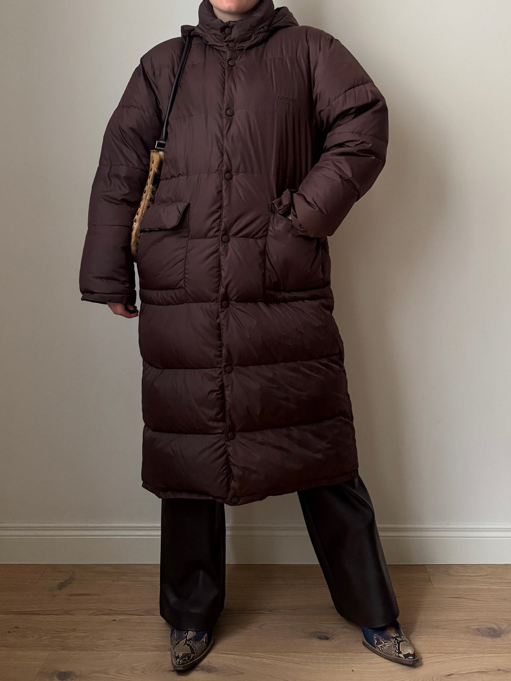 Guess real down brown long puffer