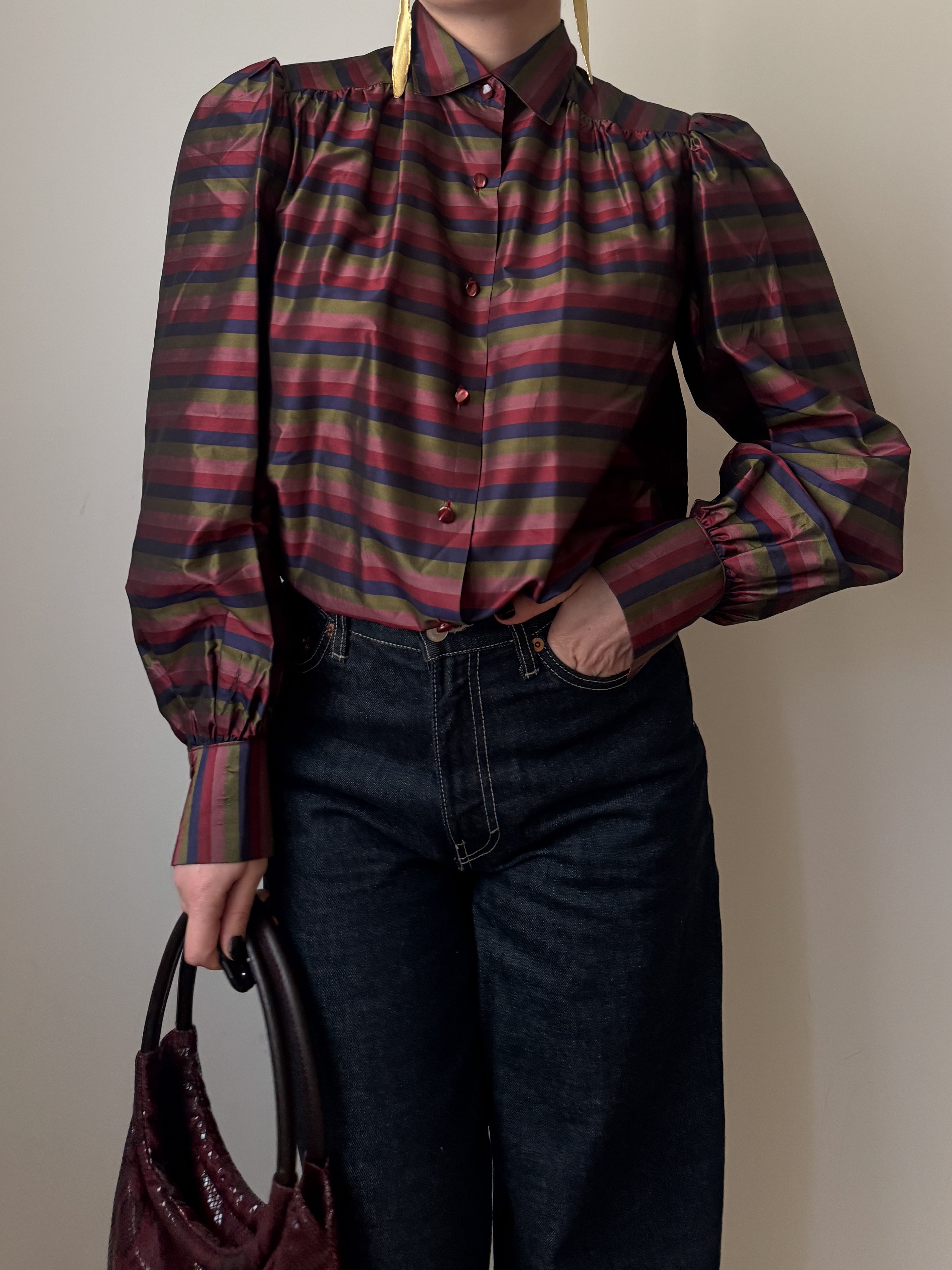 Blusa sartoriale vintage in shantung di seta a righe