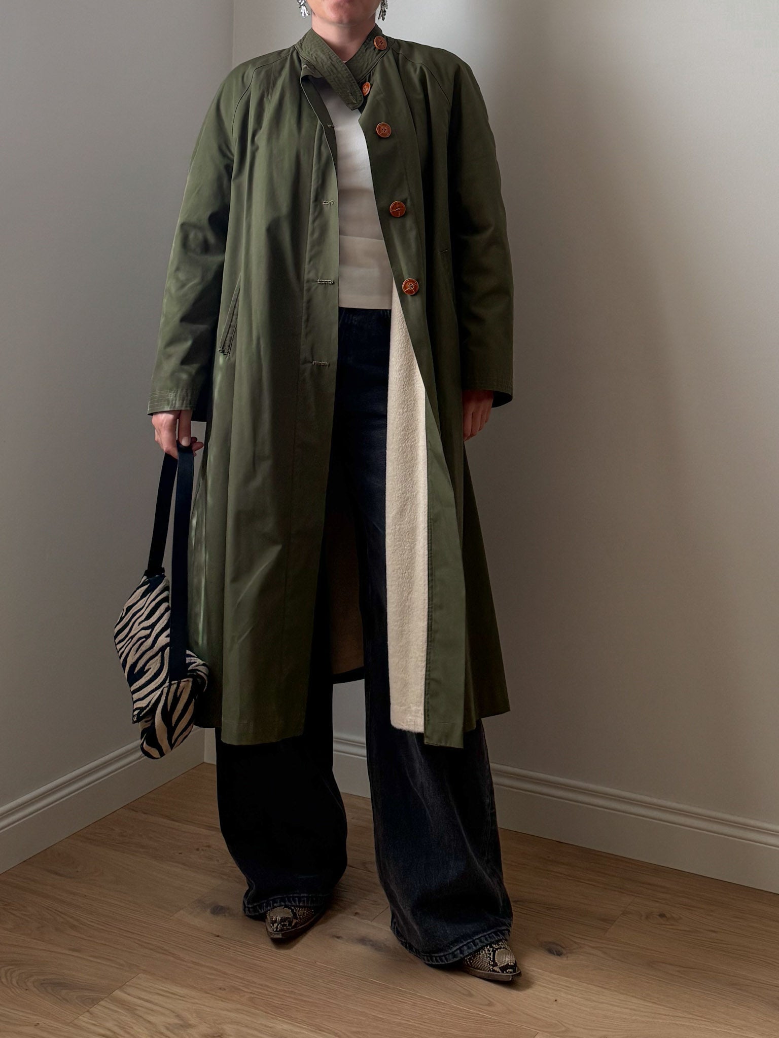 Green quilted-lined trench coat