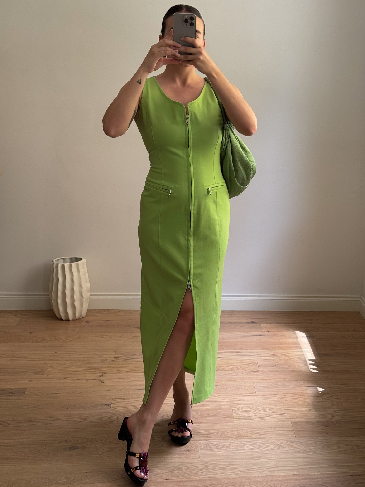 Zip green long dress