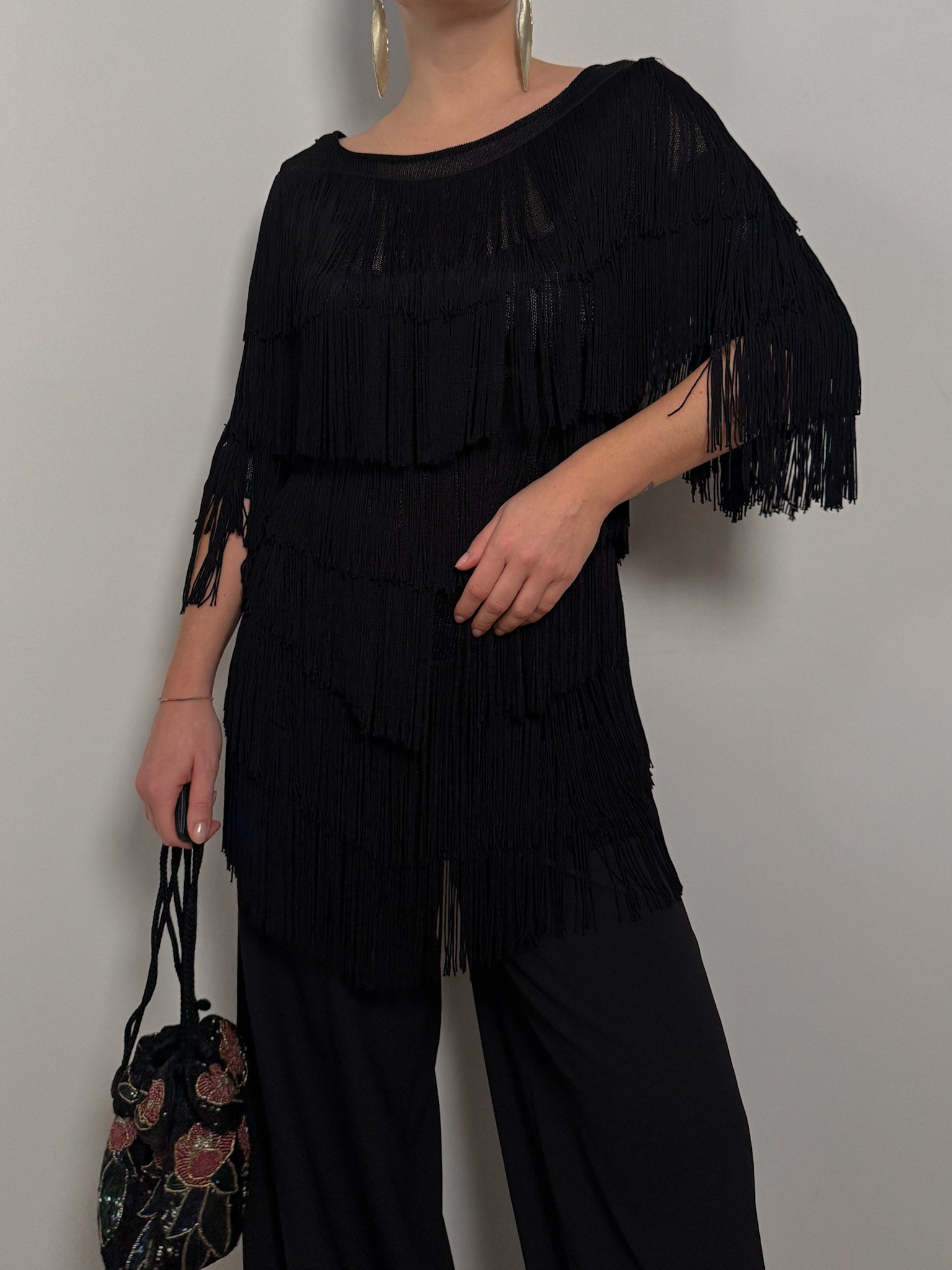 Pure viscose fringe black top