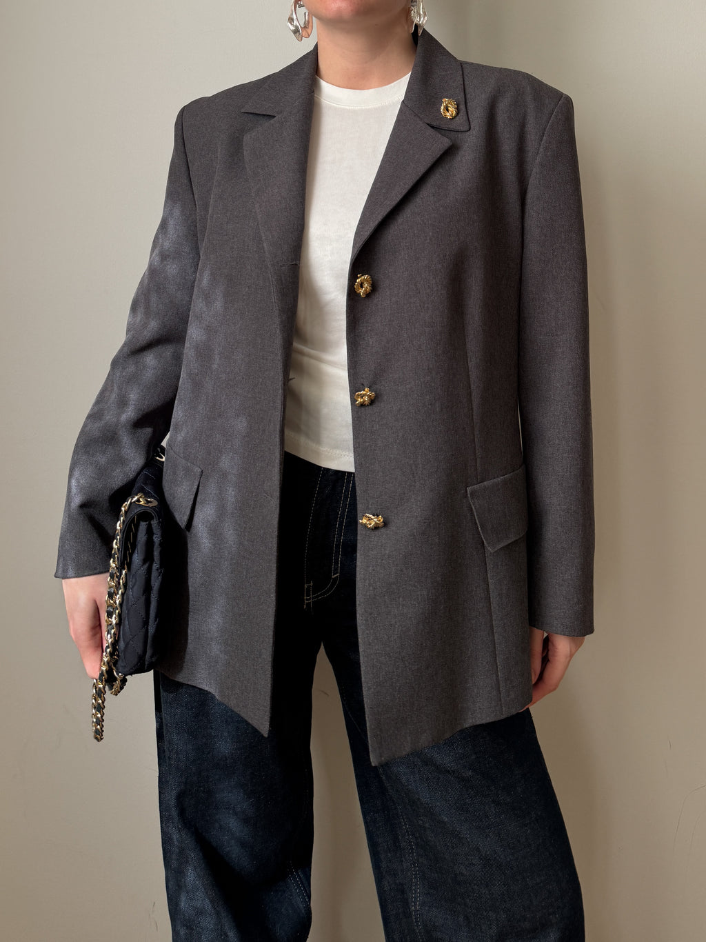 Grey blazer with gold rope buttons