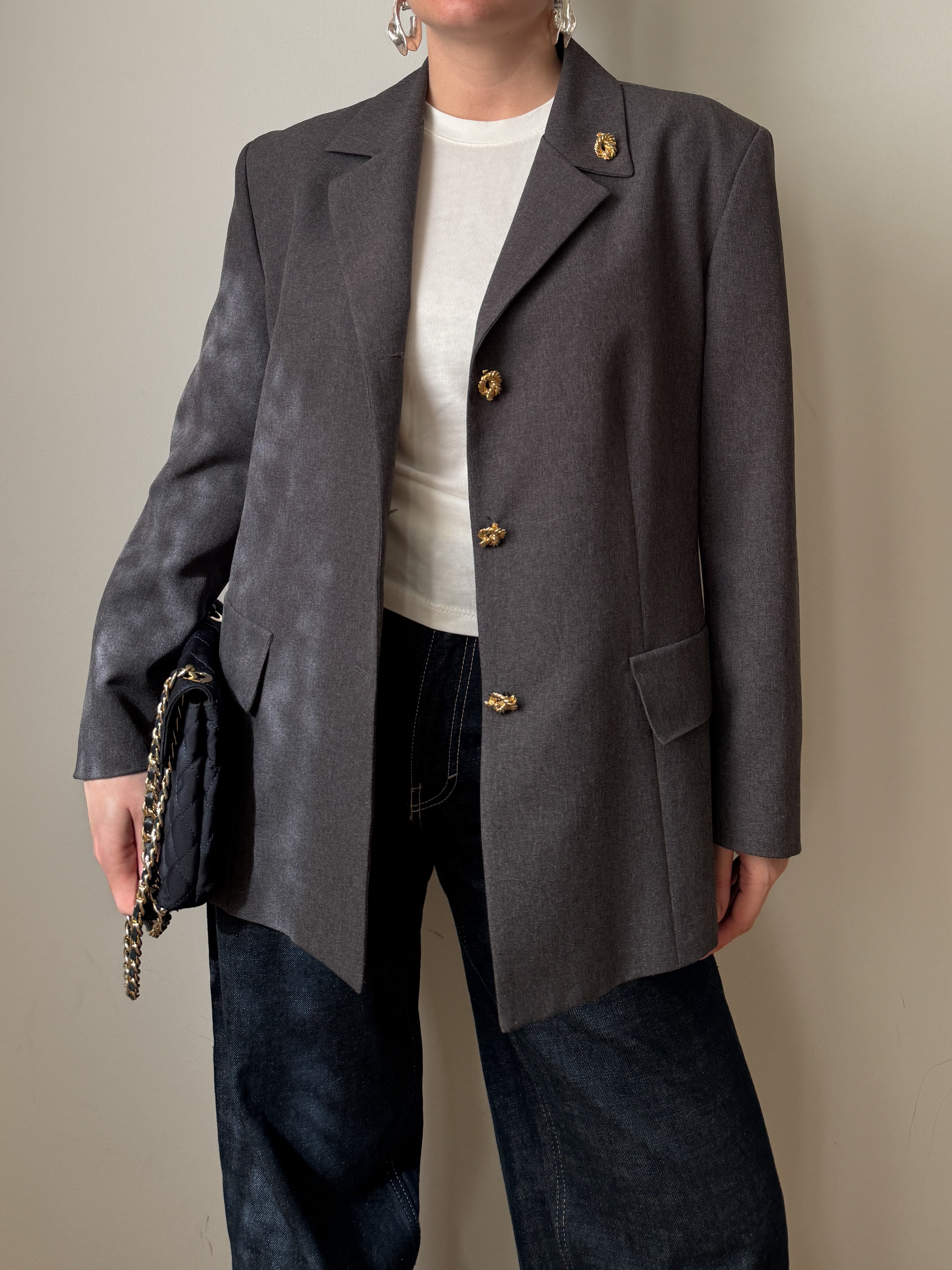 Grey blazer with gold rope buttons