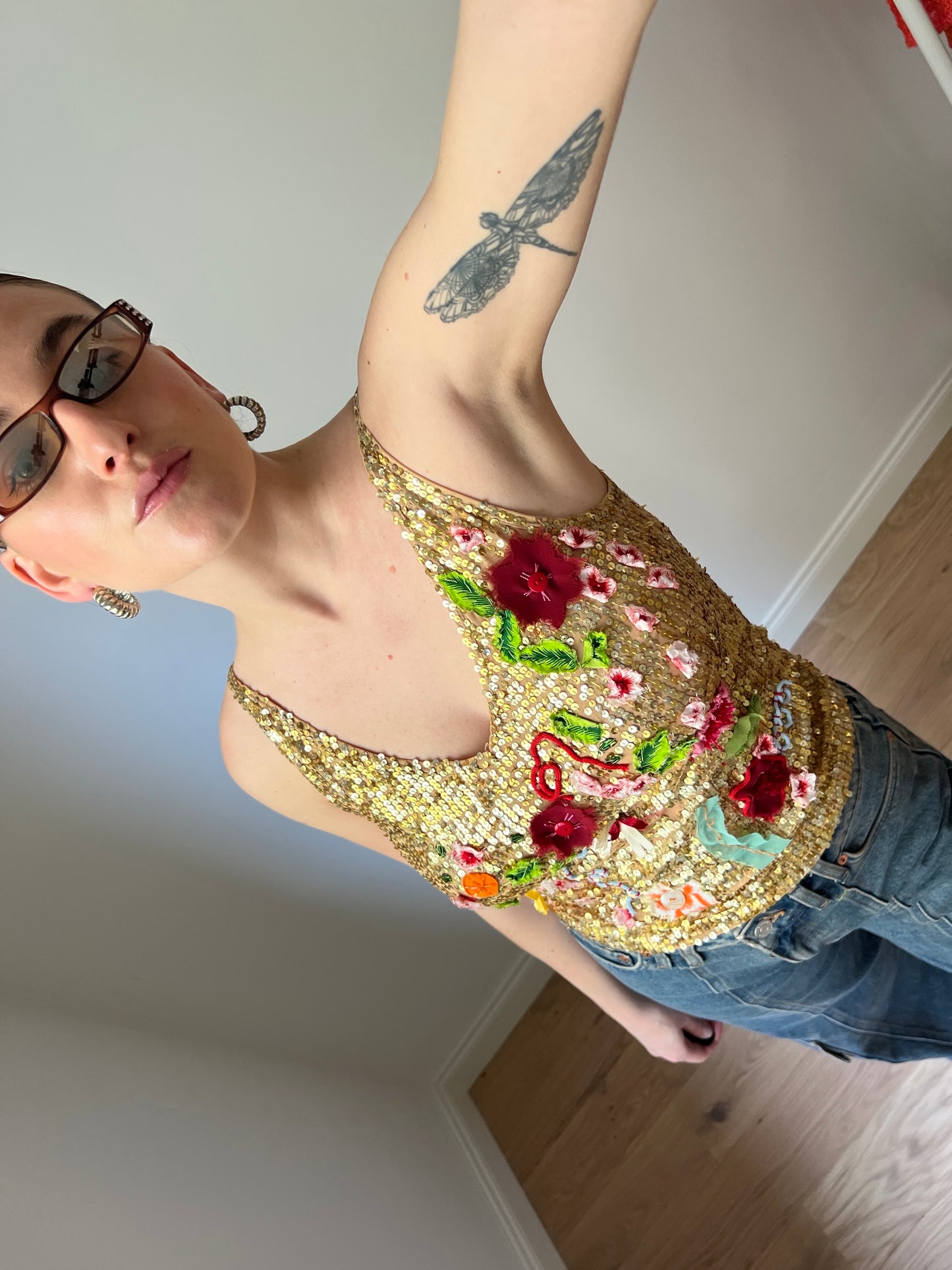 Floral sequins gold top