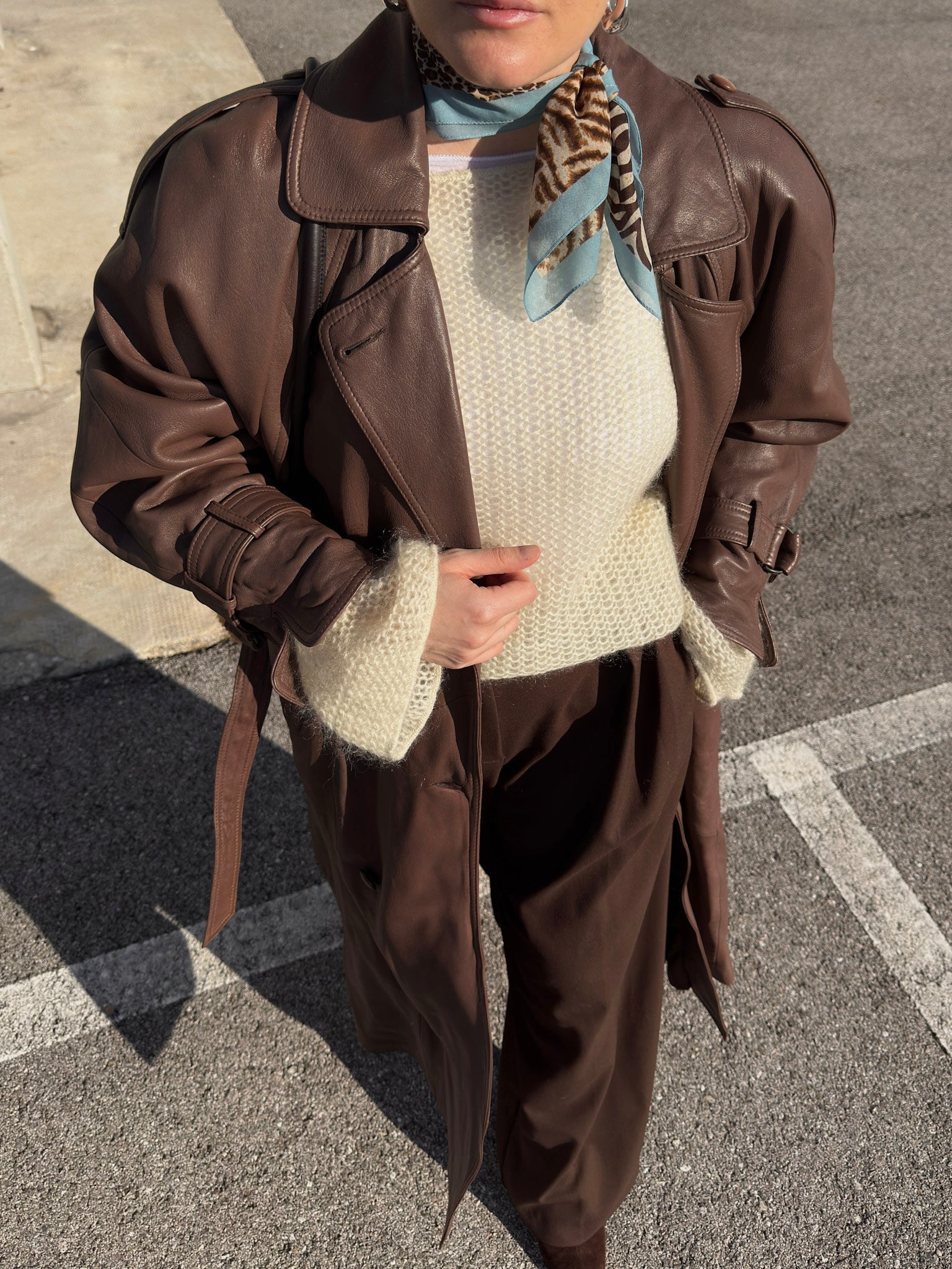 Genuin leather chocolate trench coat