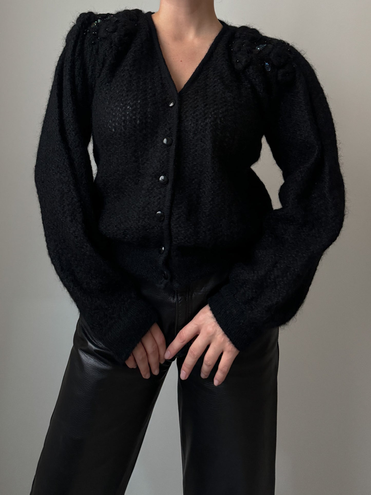 Pure wool embroidered black cardigan