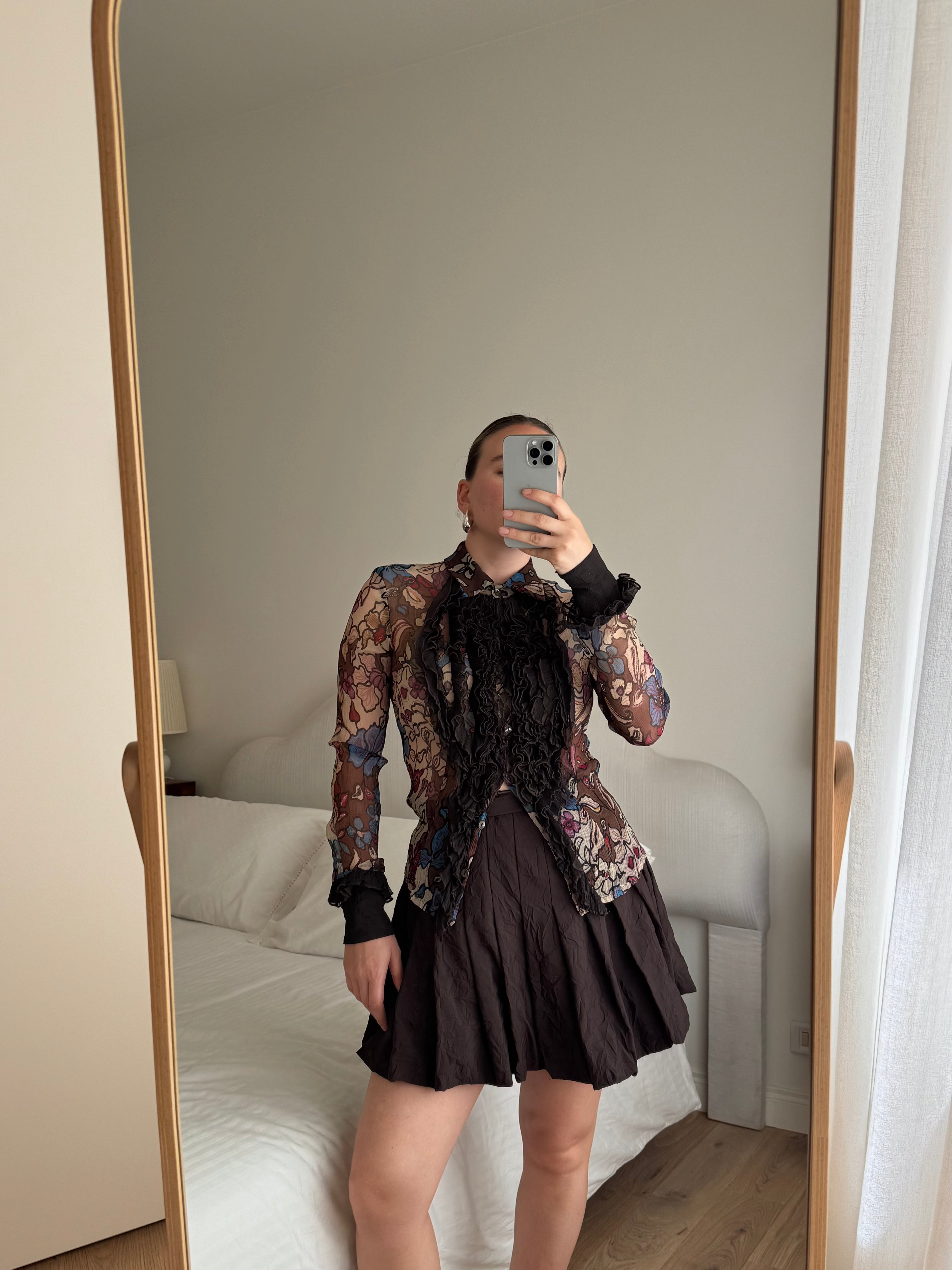 Pure silk rouches printed shirt