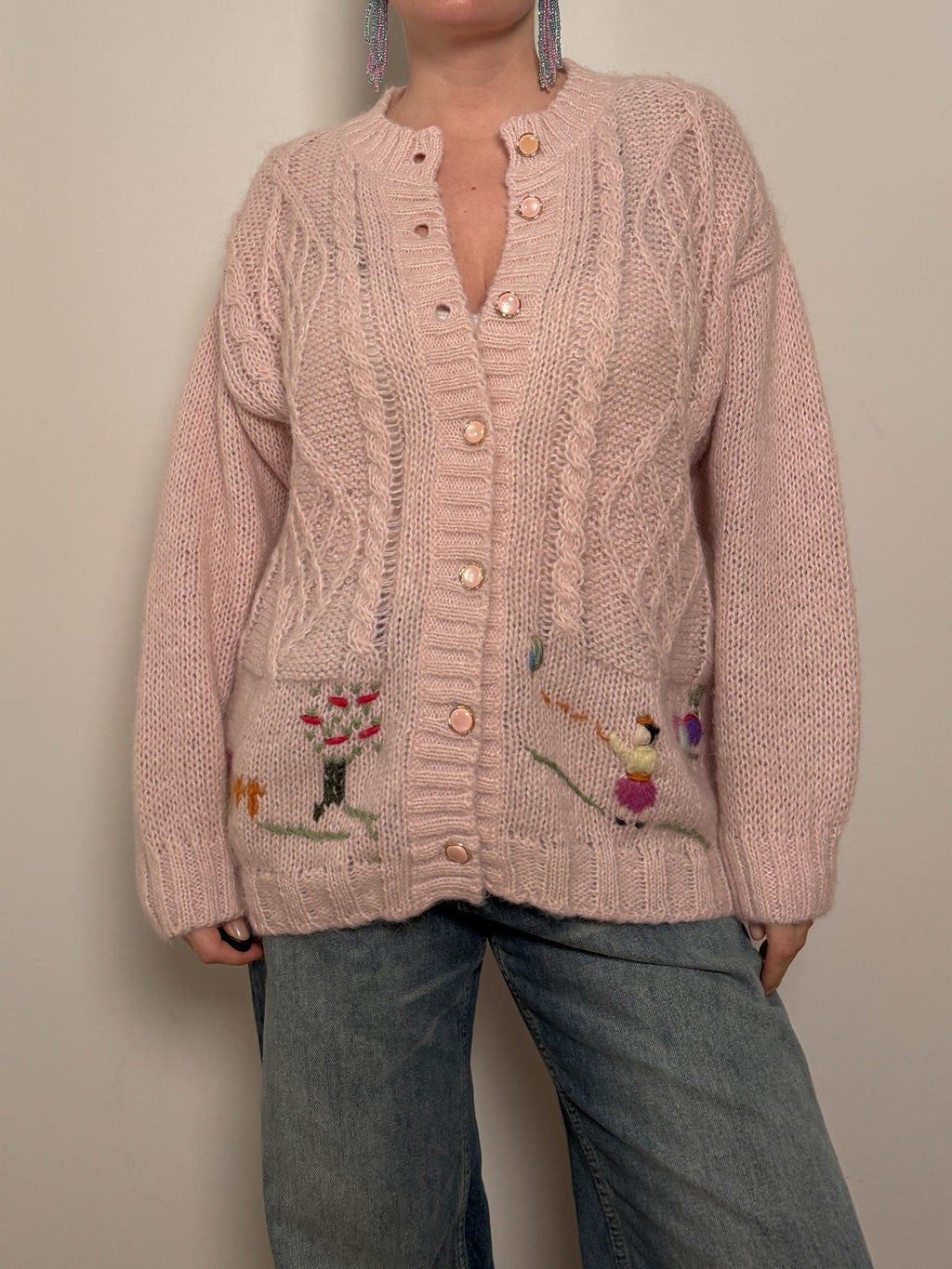 Pure wool embroidered pink cardigan