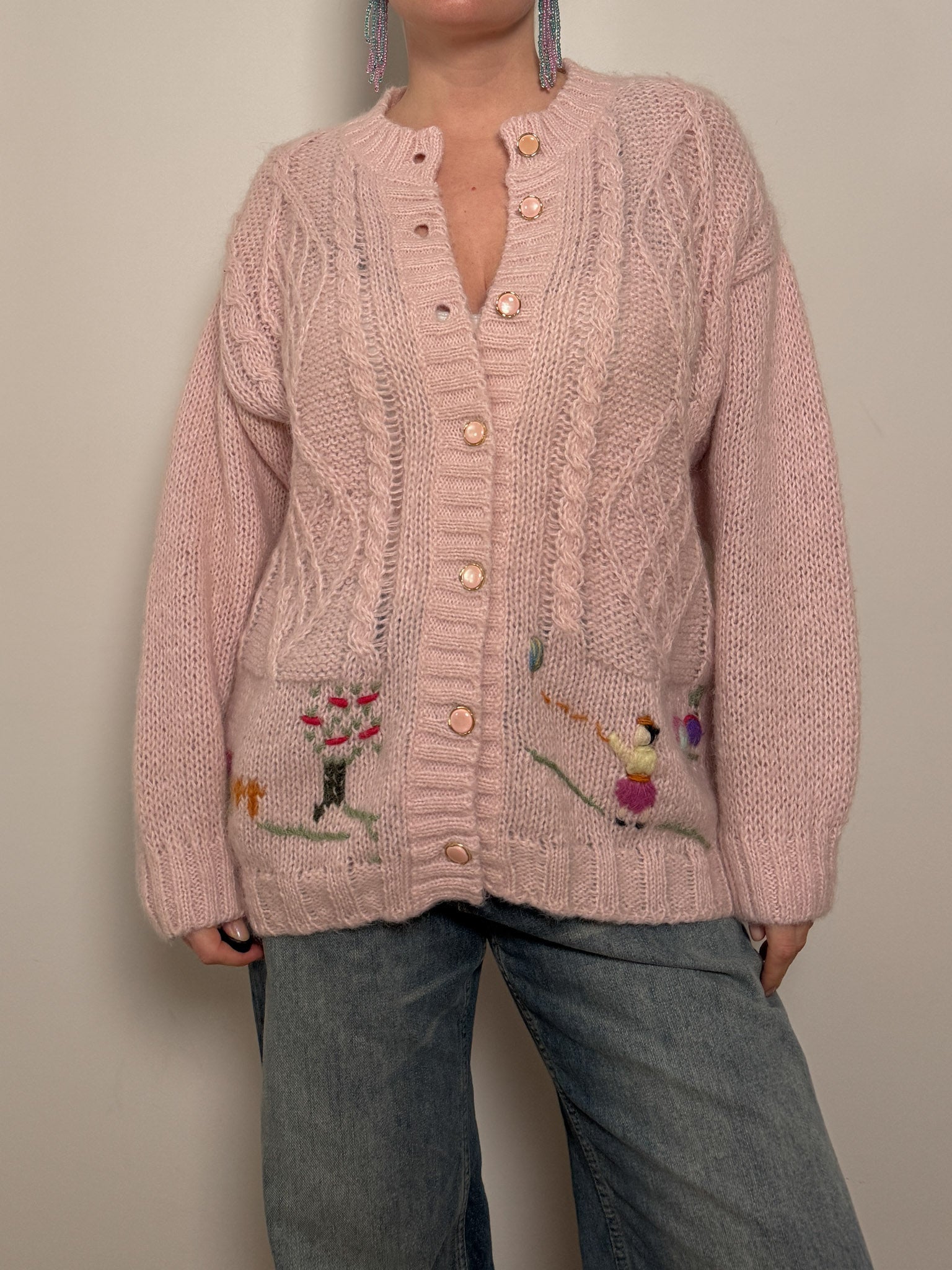 Pure wool embroidered pink cardigan