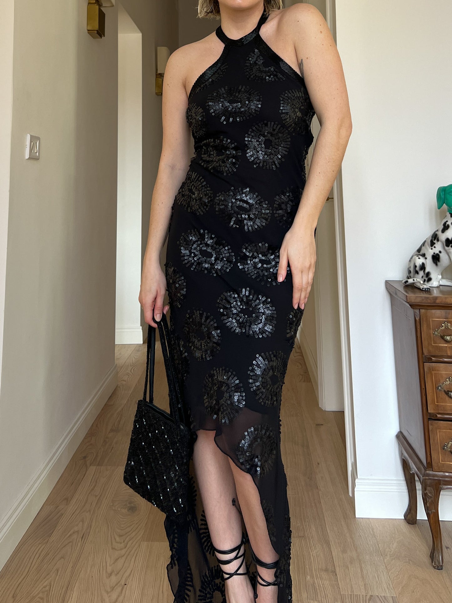 Pure silk sequins black dress