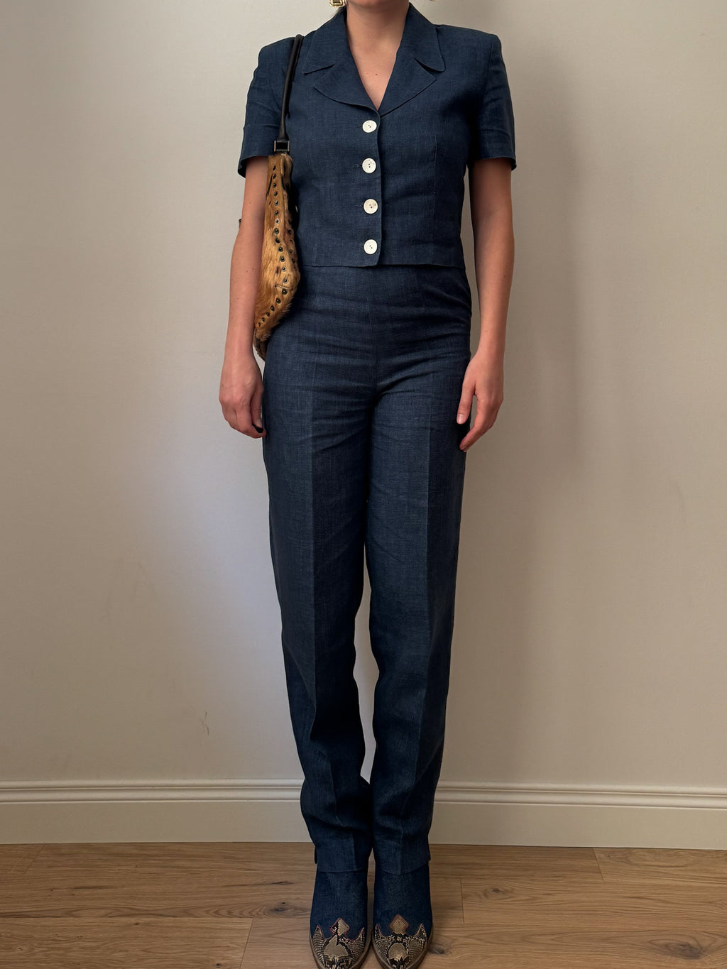 Pure linen blue denim suit