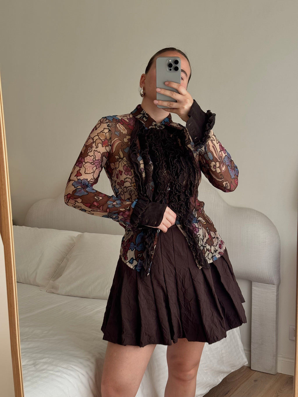 Pure silk rouches printed shirt