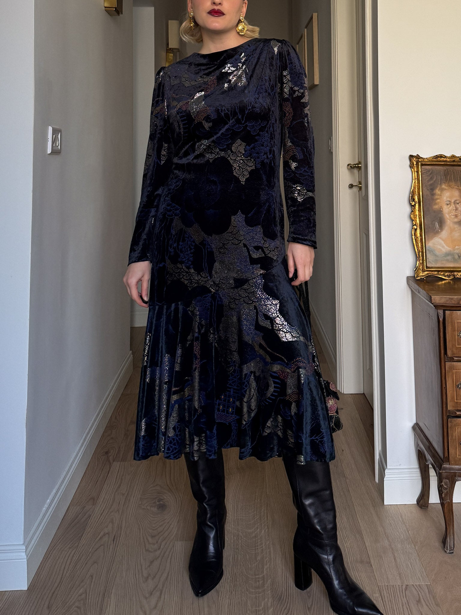Velvet blue and gold dress