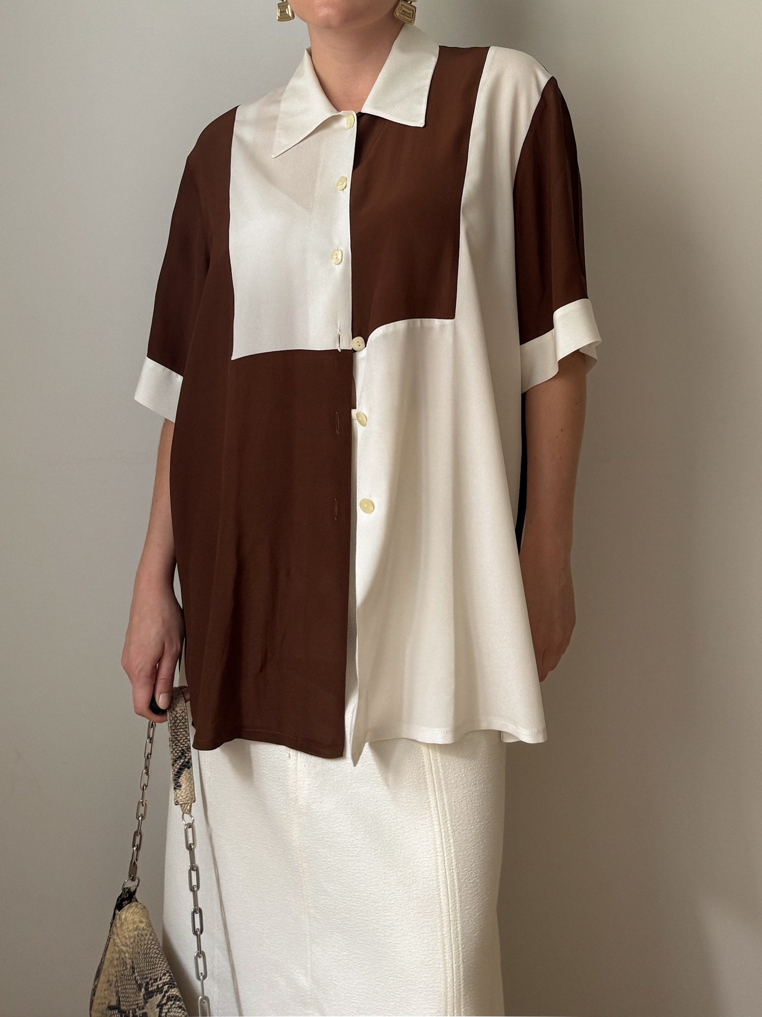 Silk blend ivory and chocolate shirt