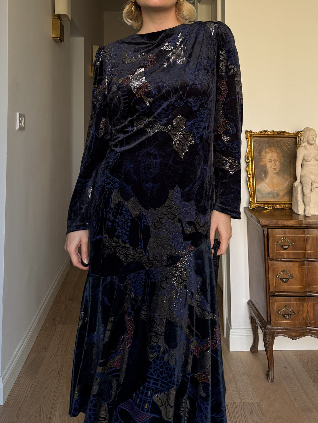 Velvet blue and gold dress