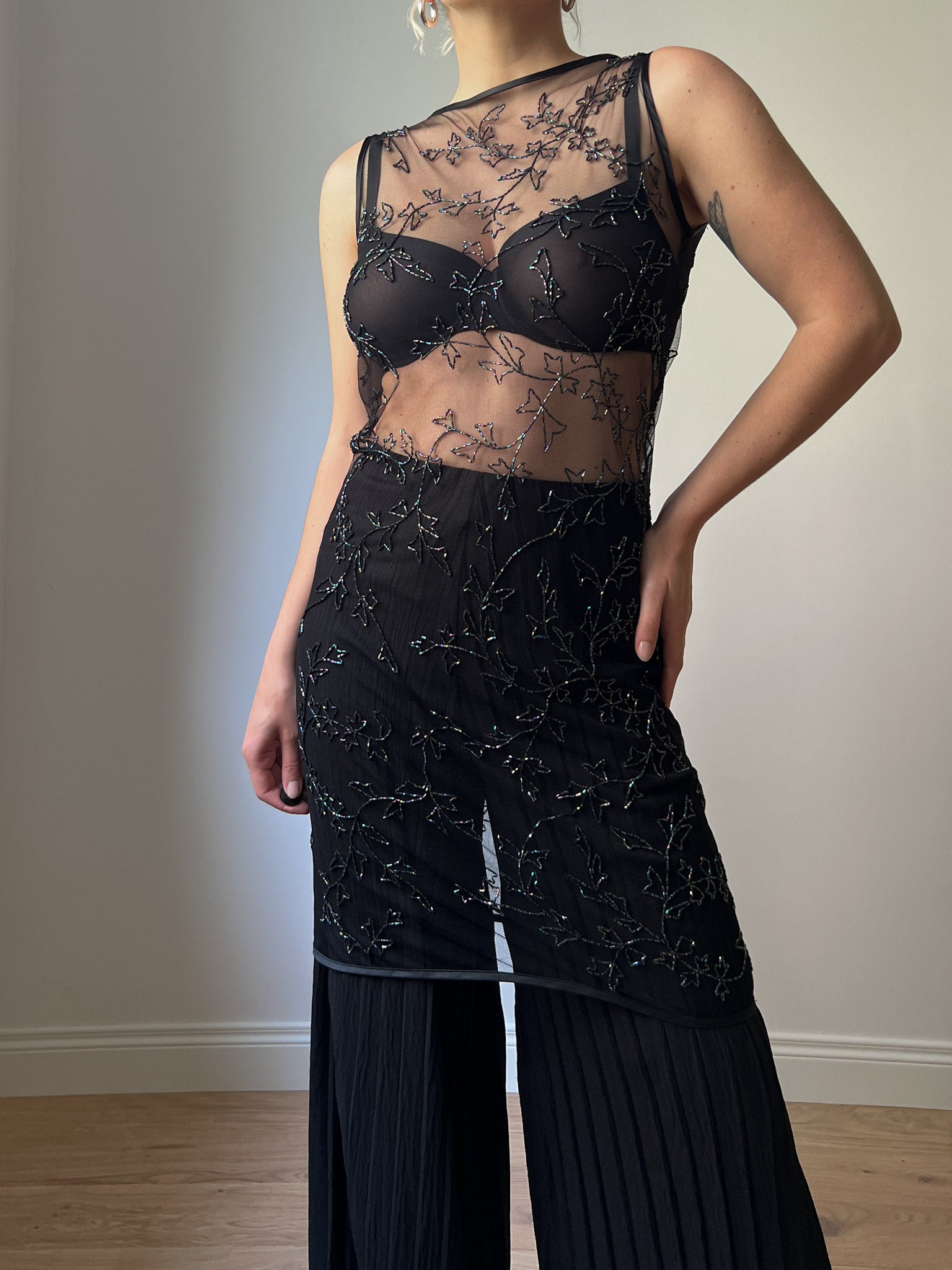 Sheer and beads black dress