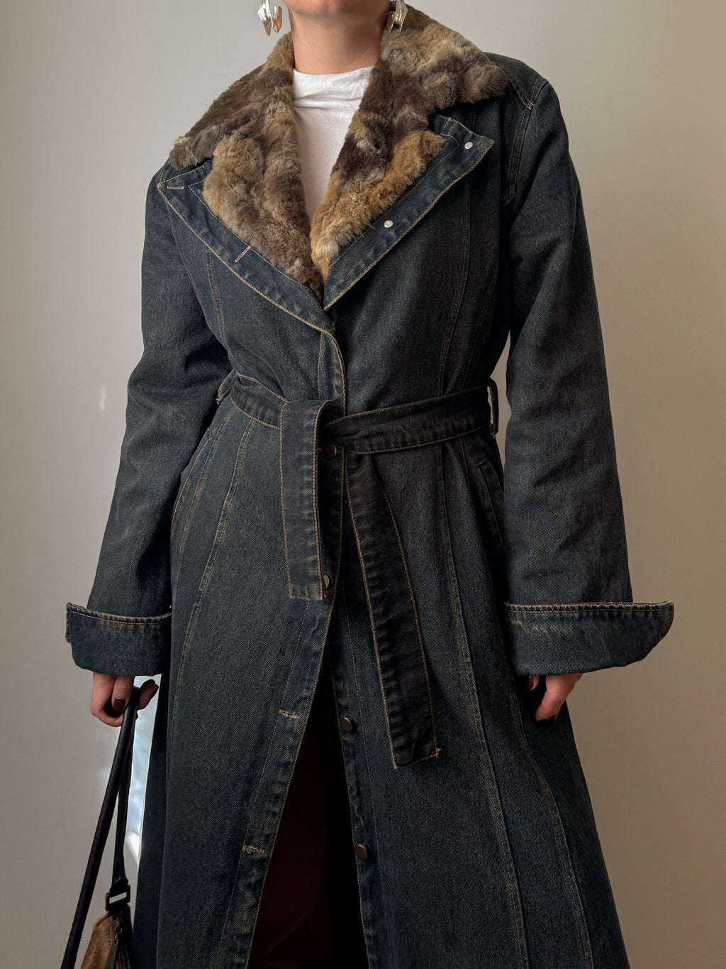 Denim and fur y2k long coat