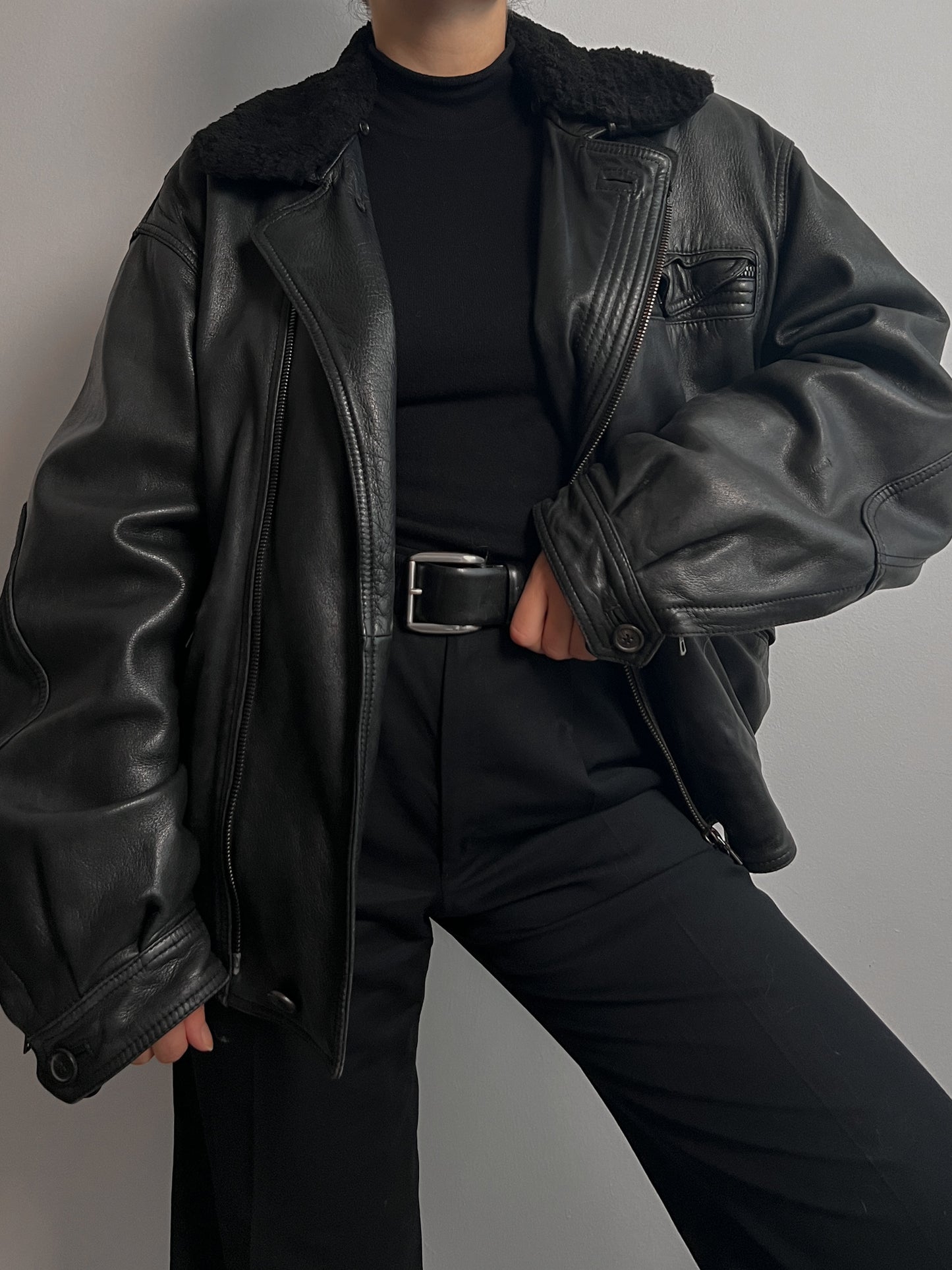 Real leather black aviator jacket