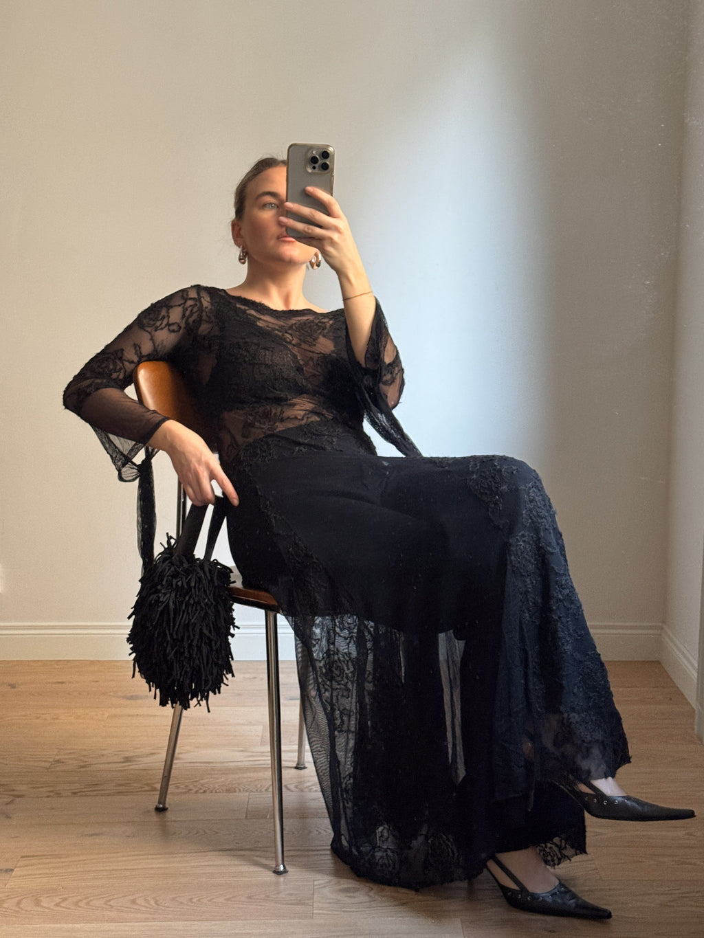 Black semi-sheer lace long dress