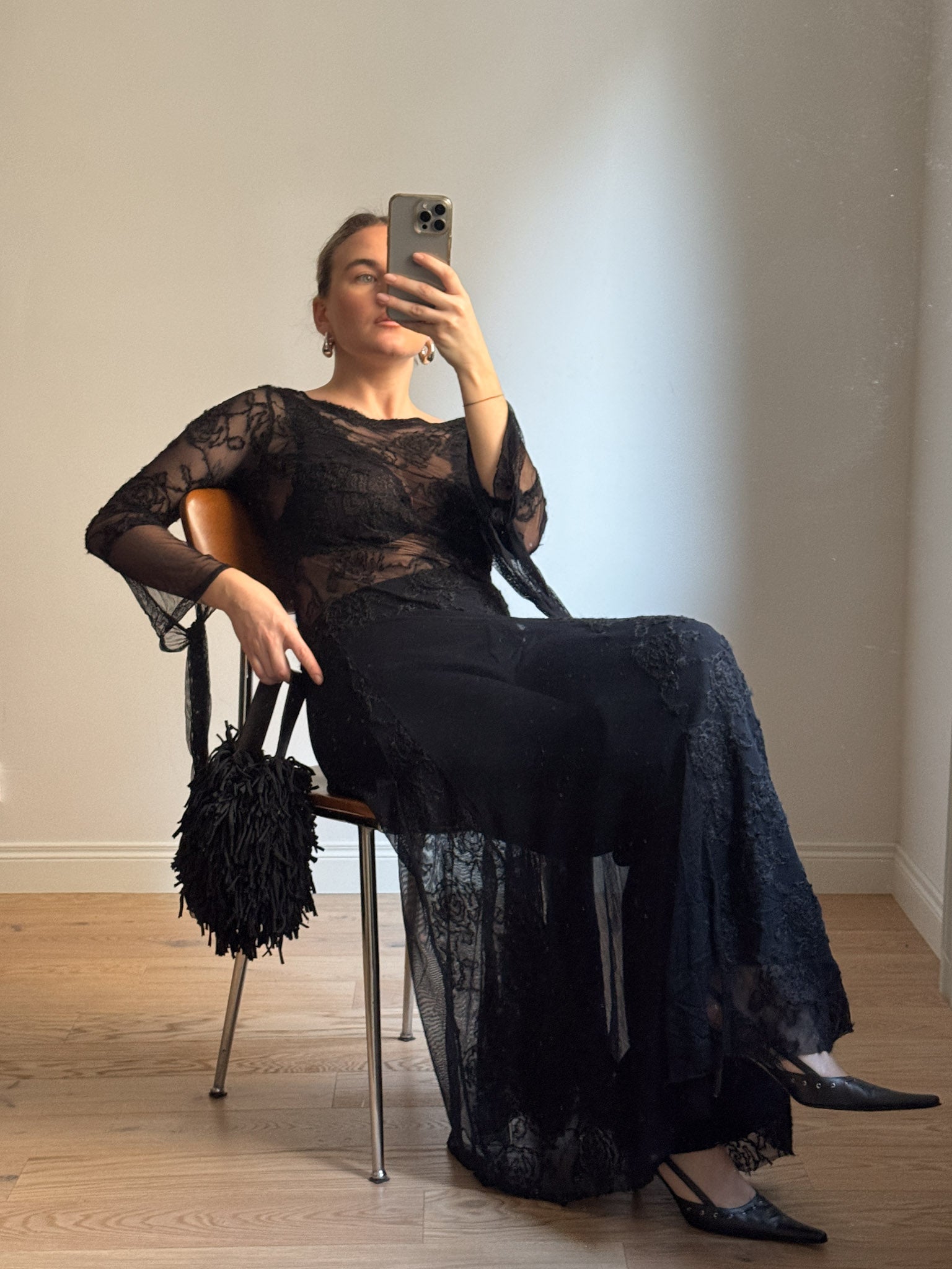 Black semi-sheer lace long dress