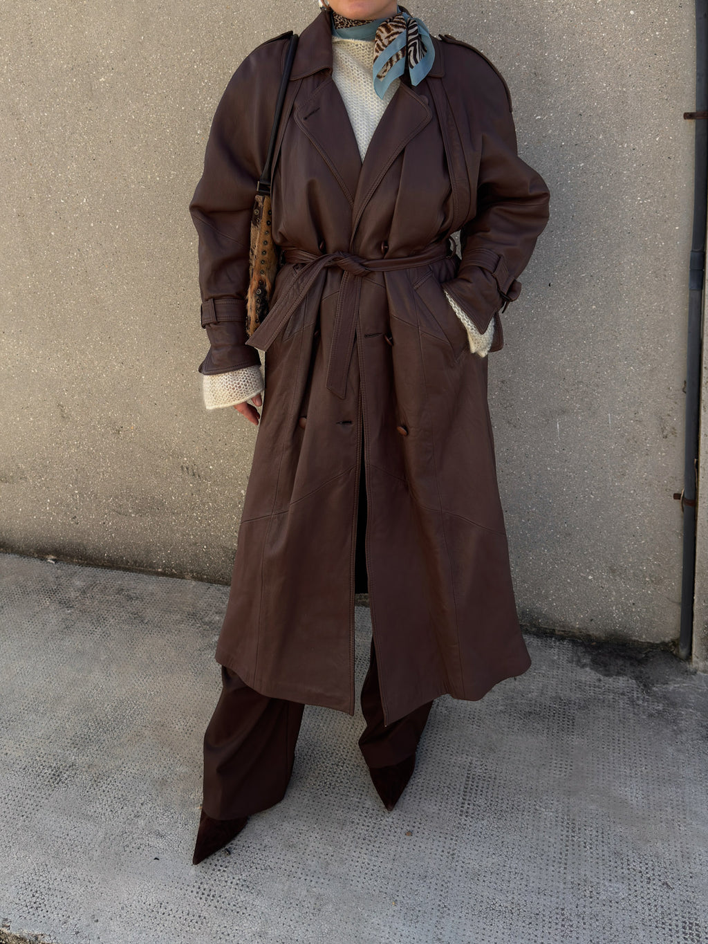 Genuin leather chocolate trench coat