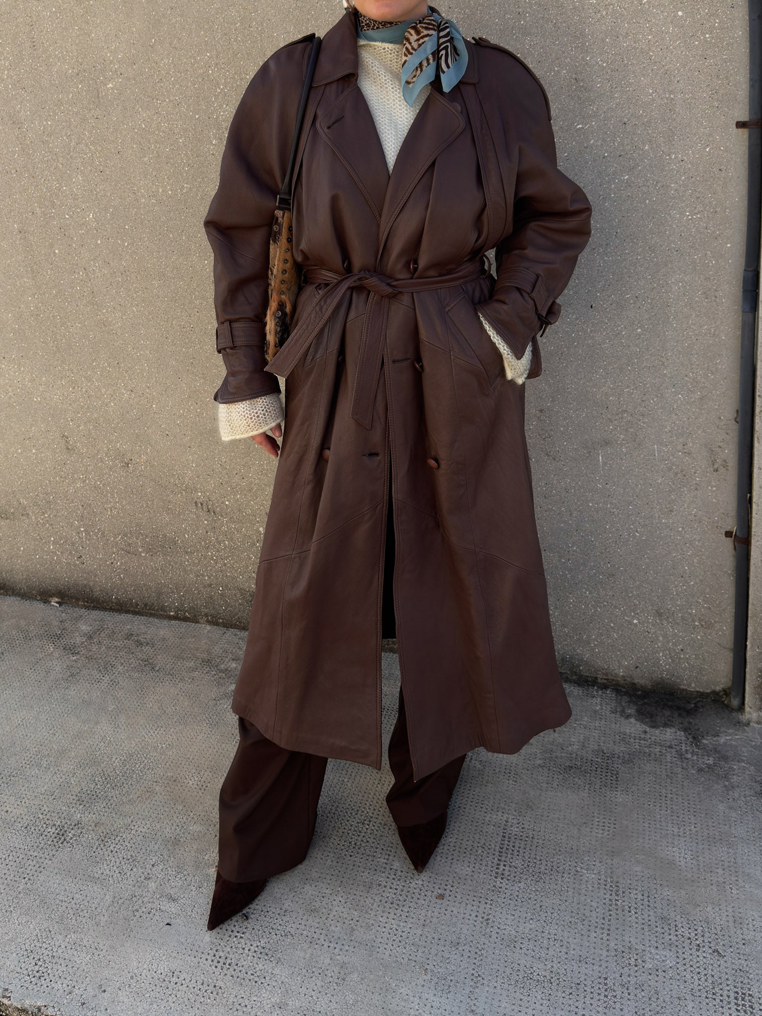 Genuin leather chocolate trench coat