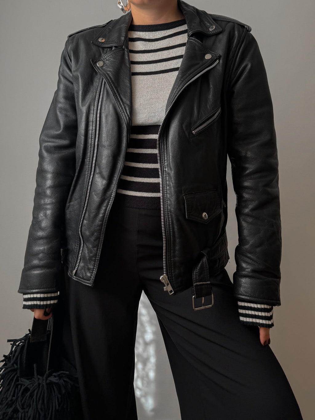 Real leather black biker