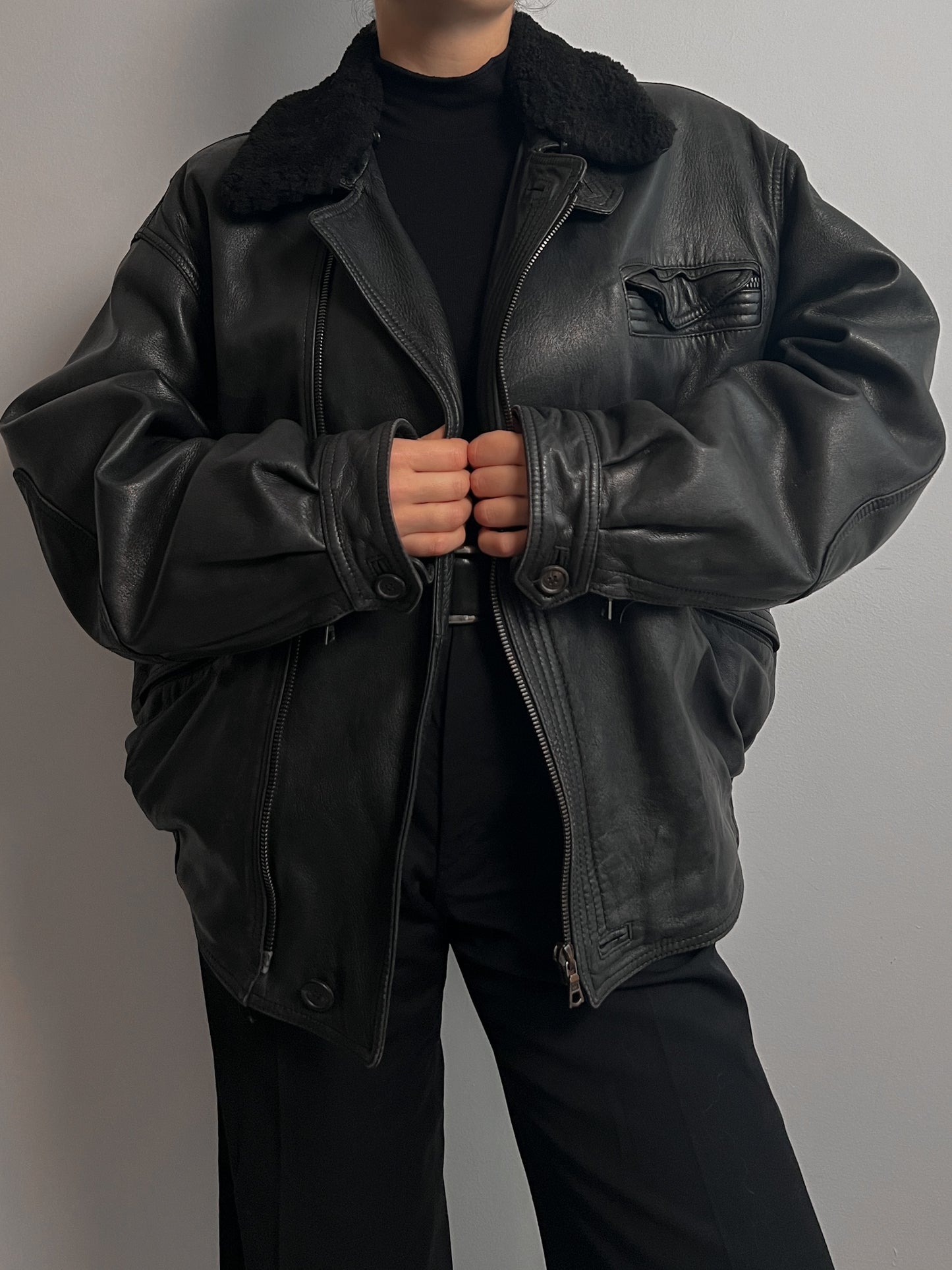 Real leather black aviator jacket