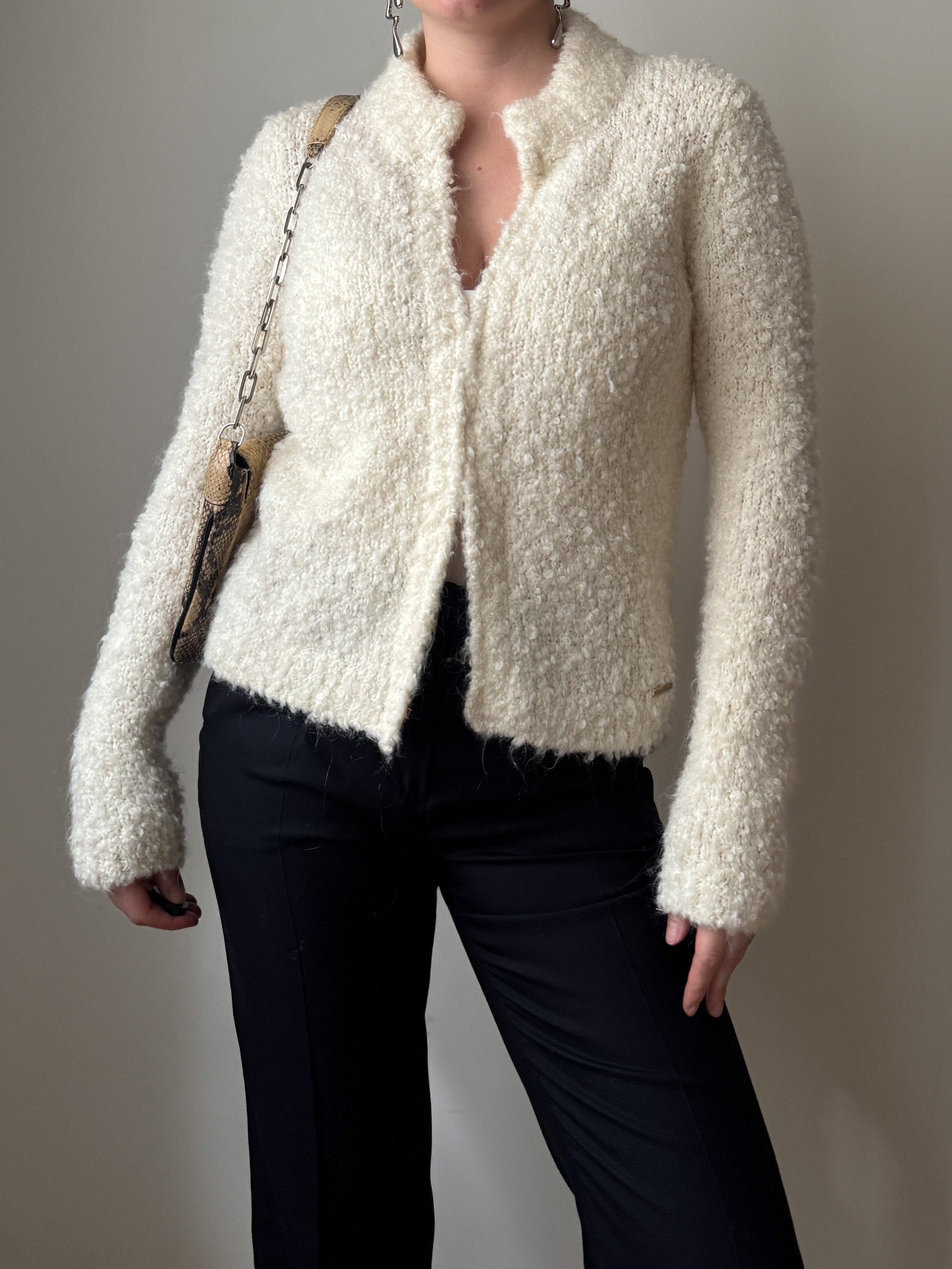 Wool and mohair ivory bouclè cardigan