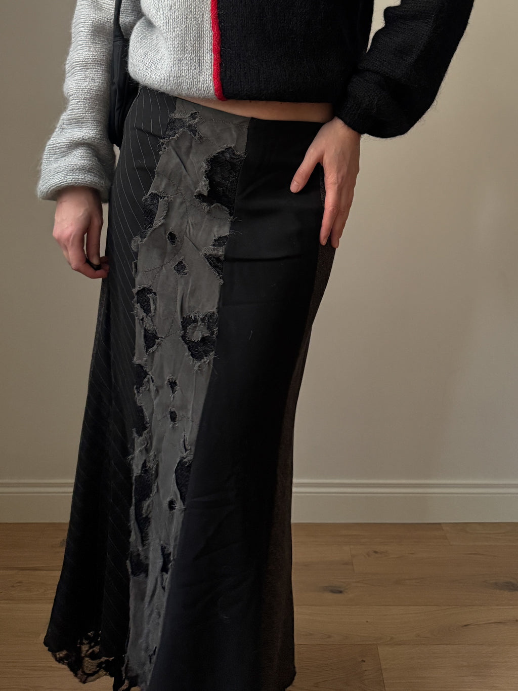 Patchwork black long skirt