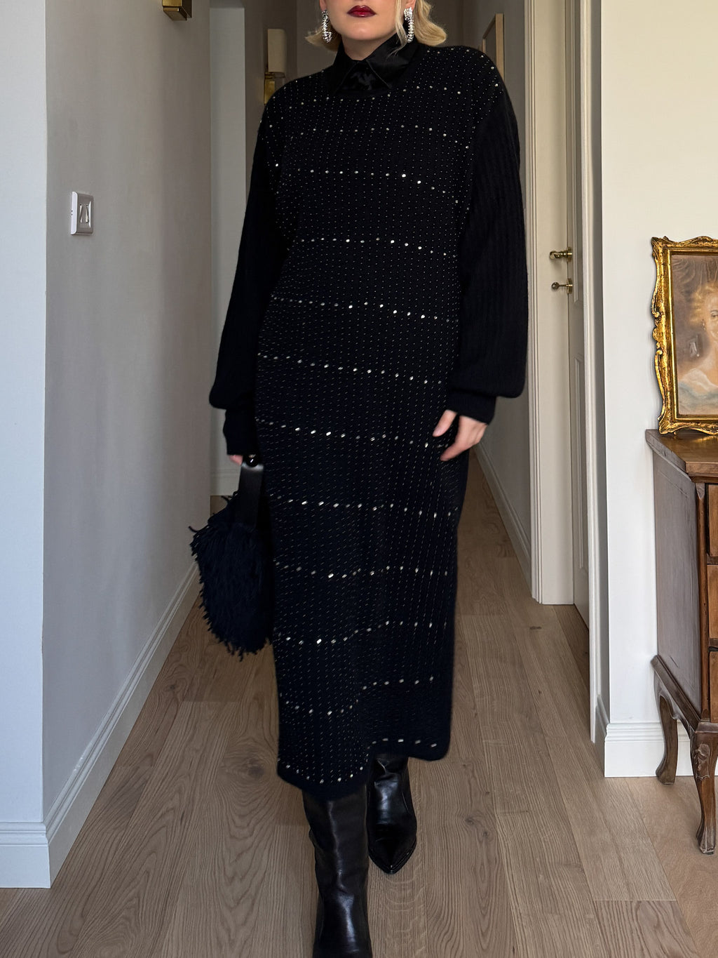 Lambswool, angora and strass black dress
