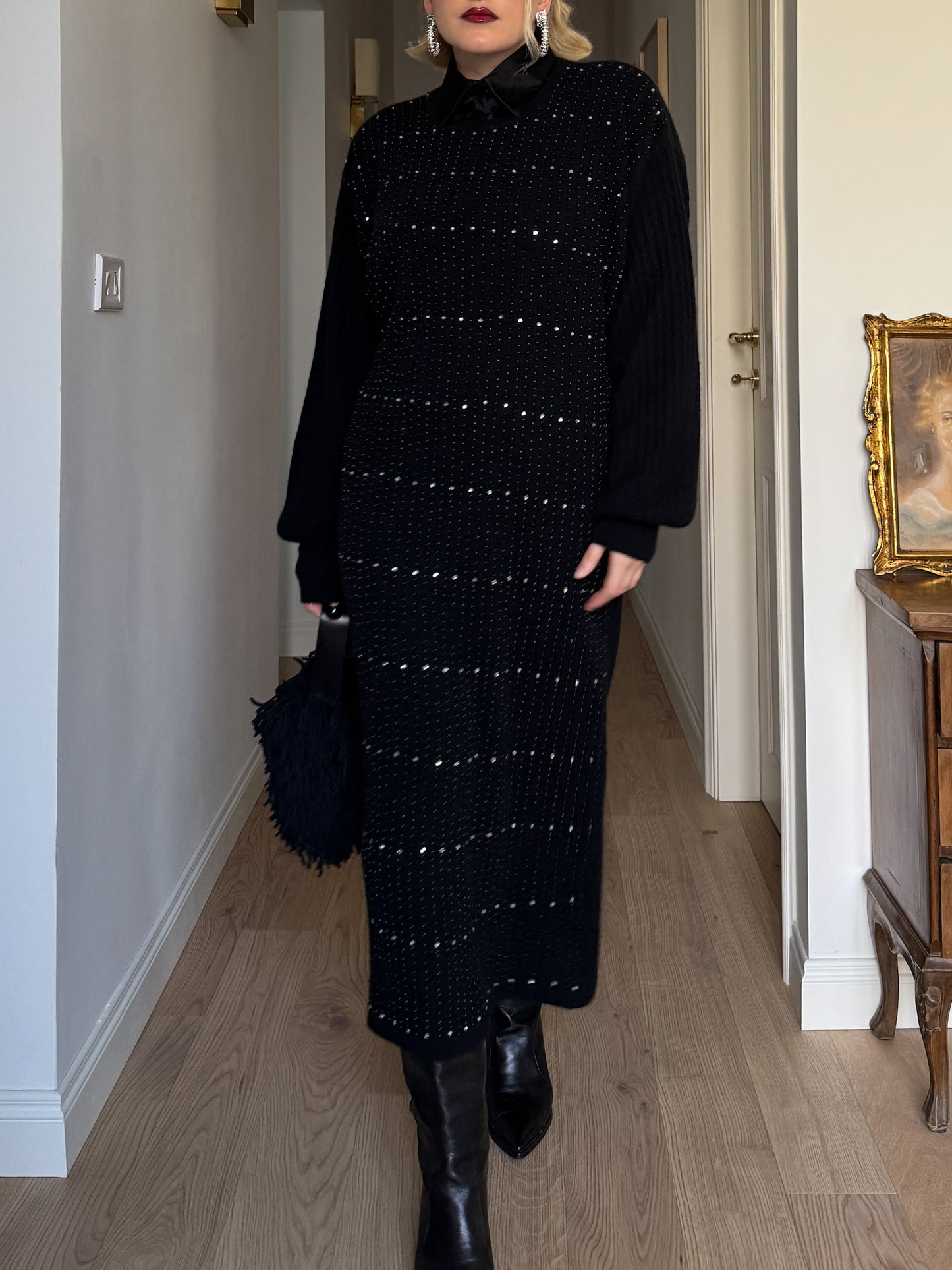 Lambswool, angora and strass black dress