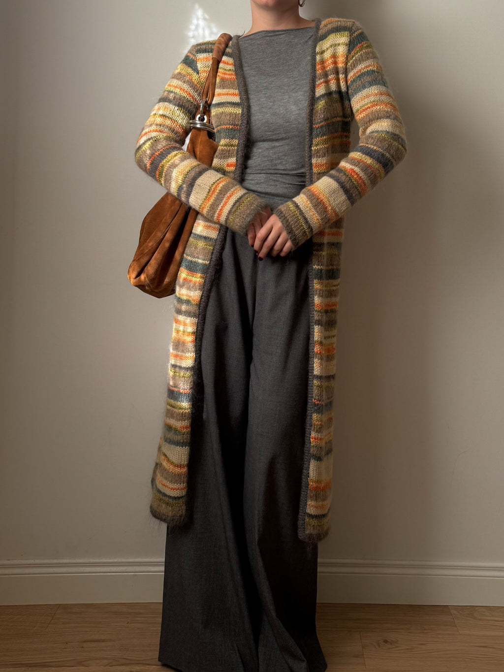 Pure wool embroidered striped long cardigan