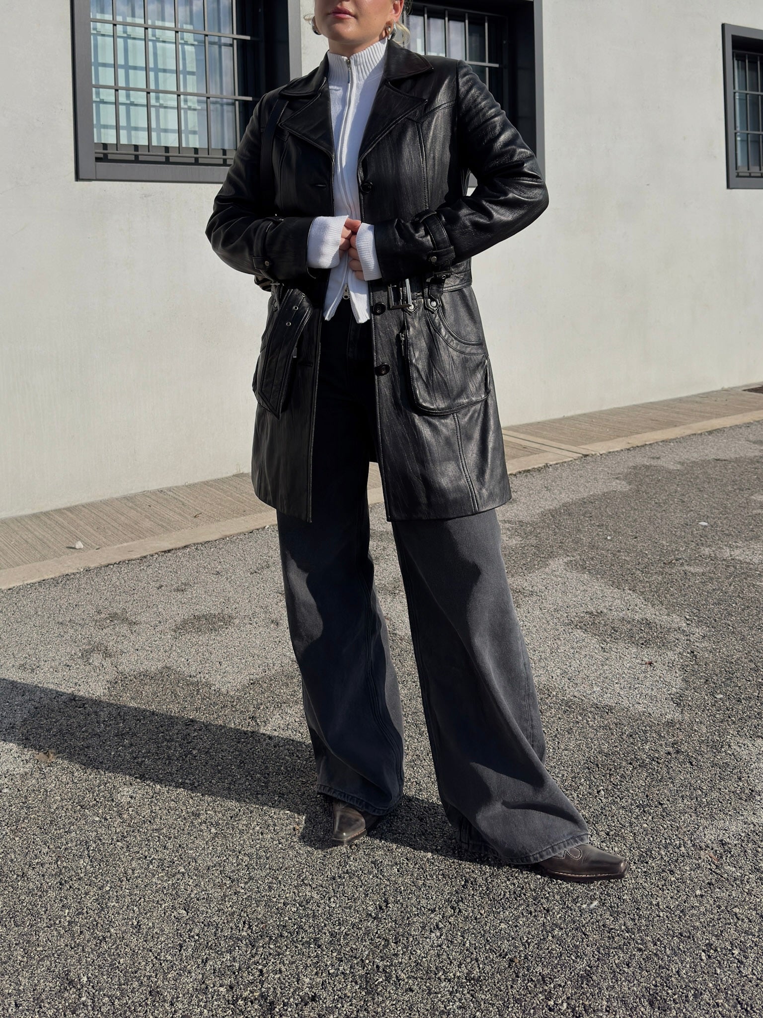 Genuin leather black trench