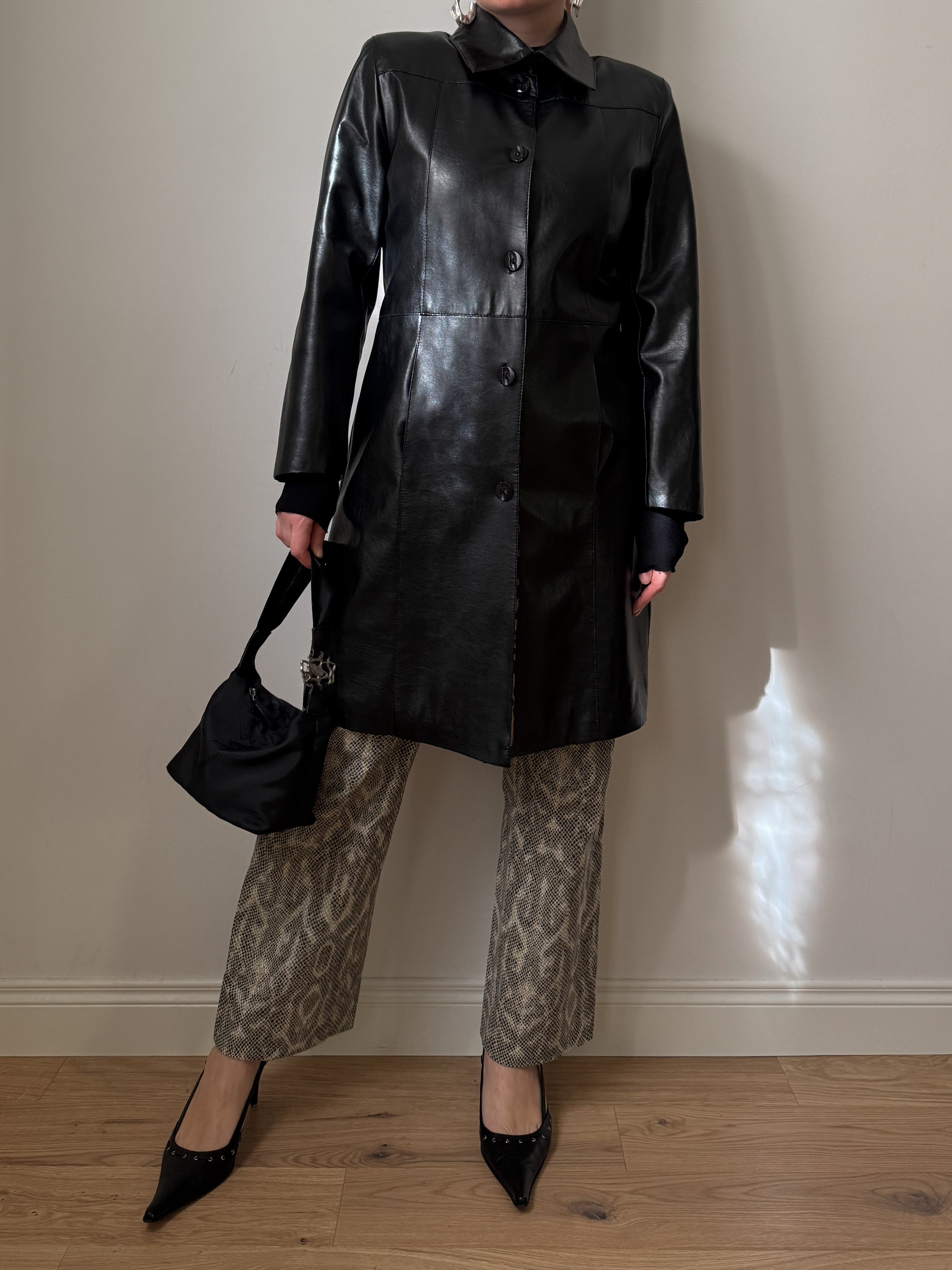 Real leather black long jacket