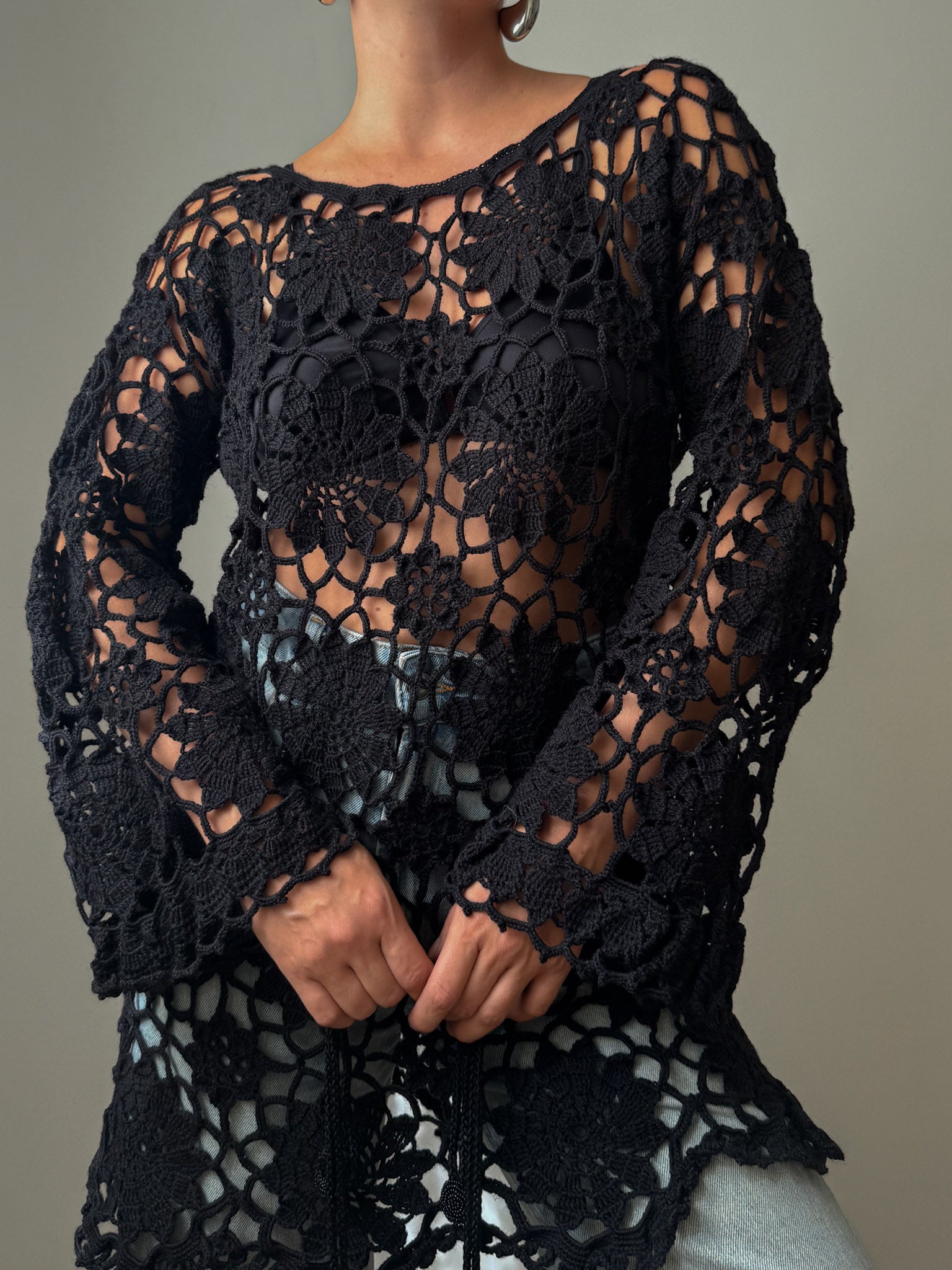 Embroidered crochet black top