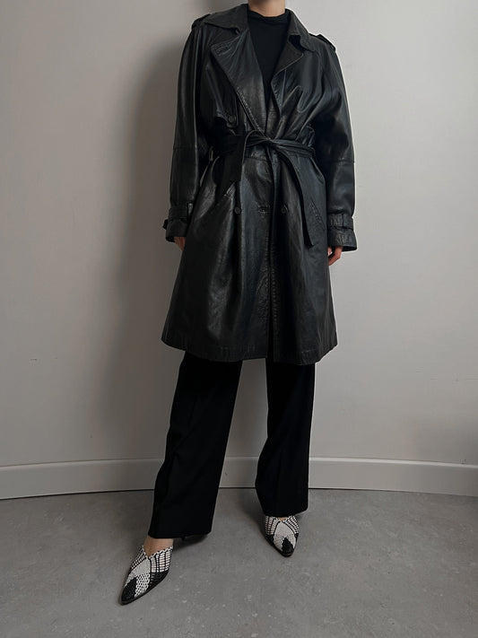 Real leather black trench