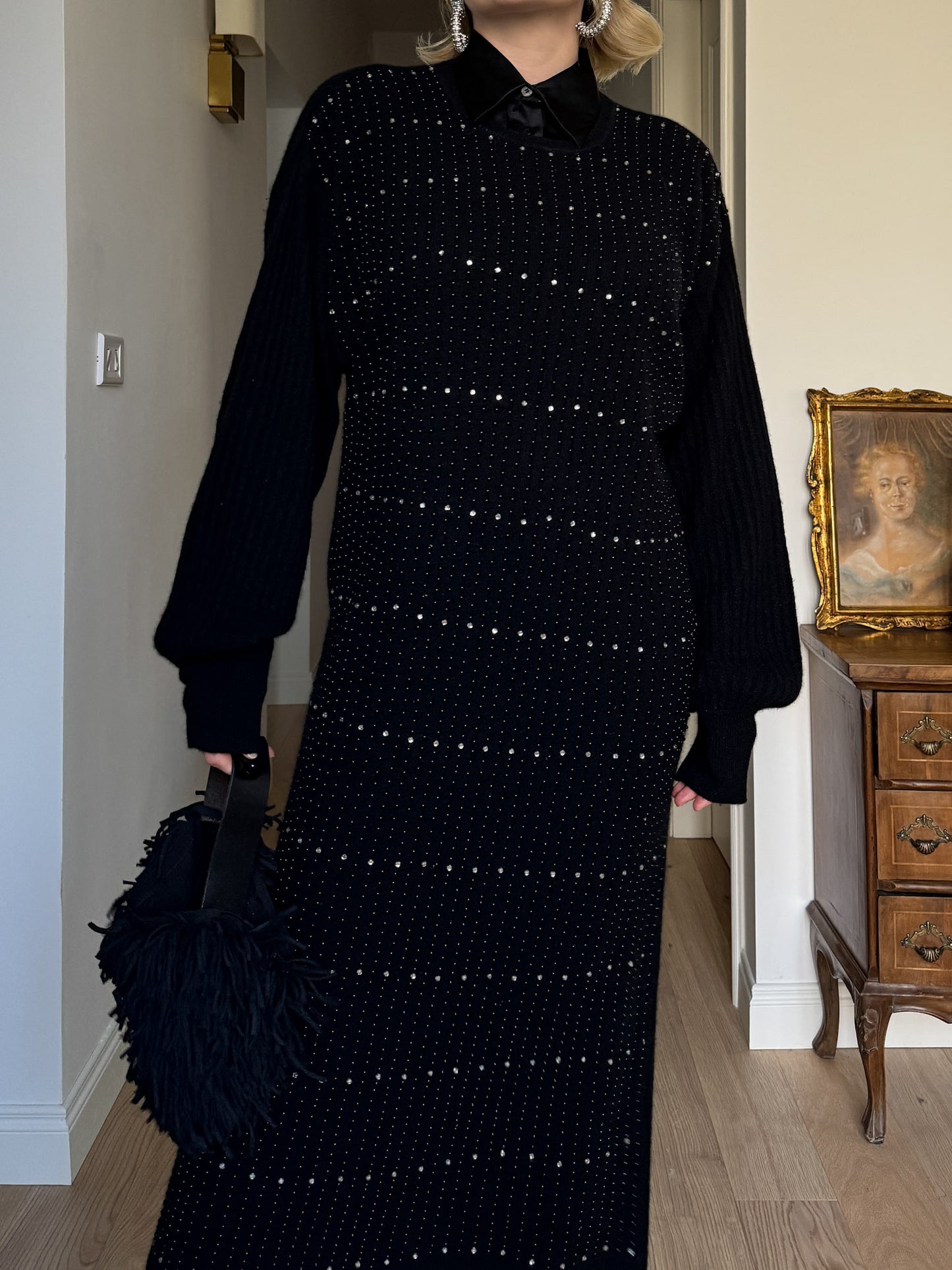 Lambswool, angora and strass black dress
