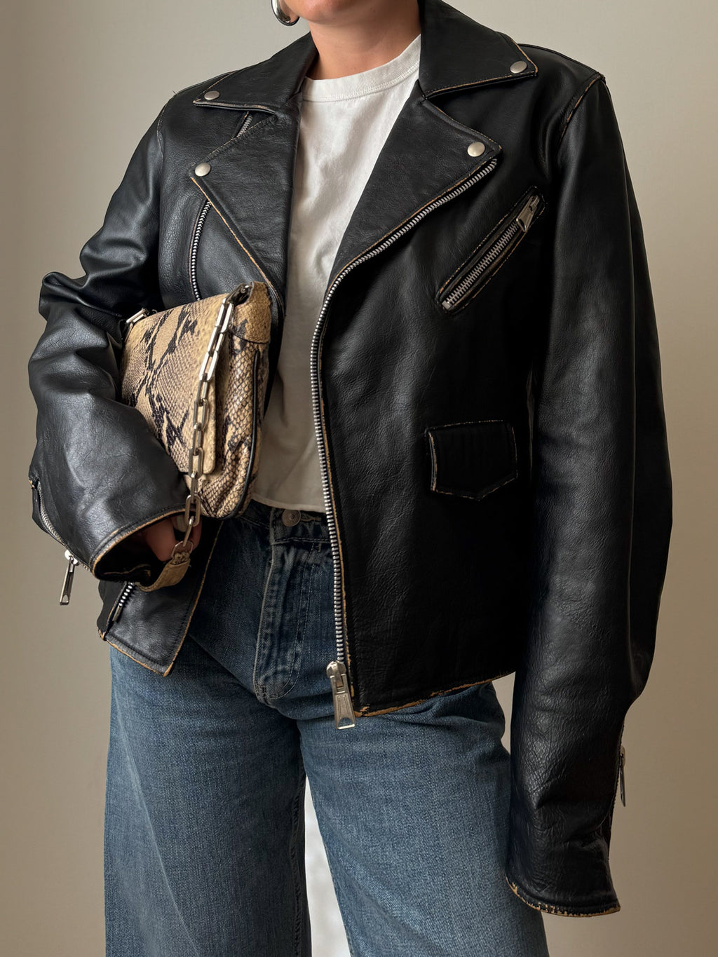 Real leather distressed jacket