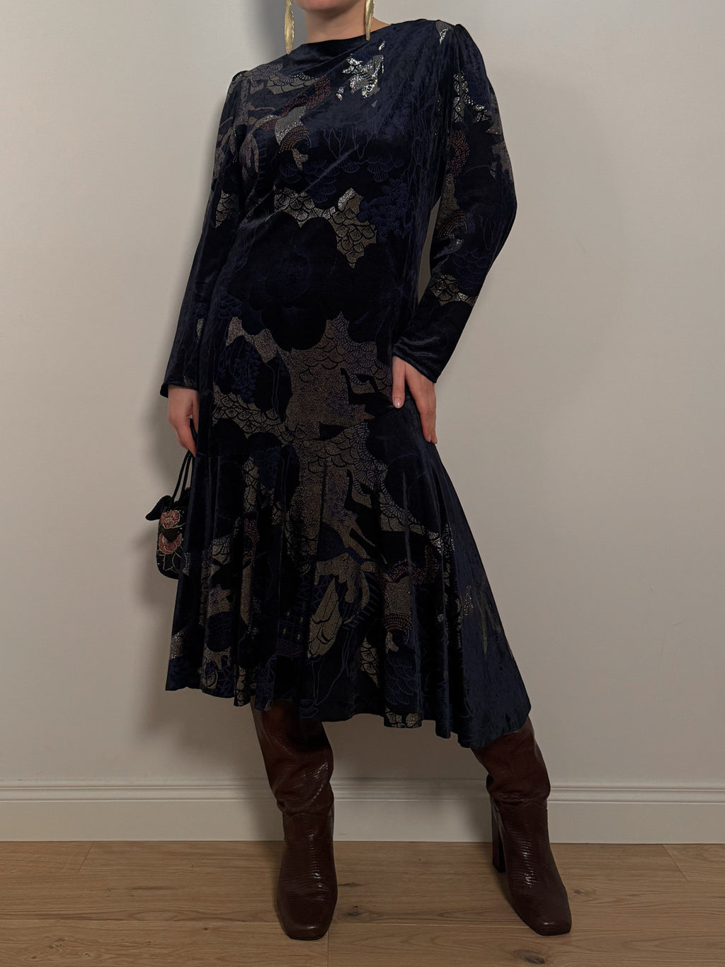 Velvet printed blue dress