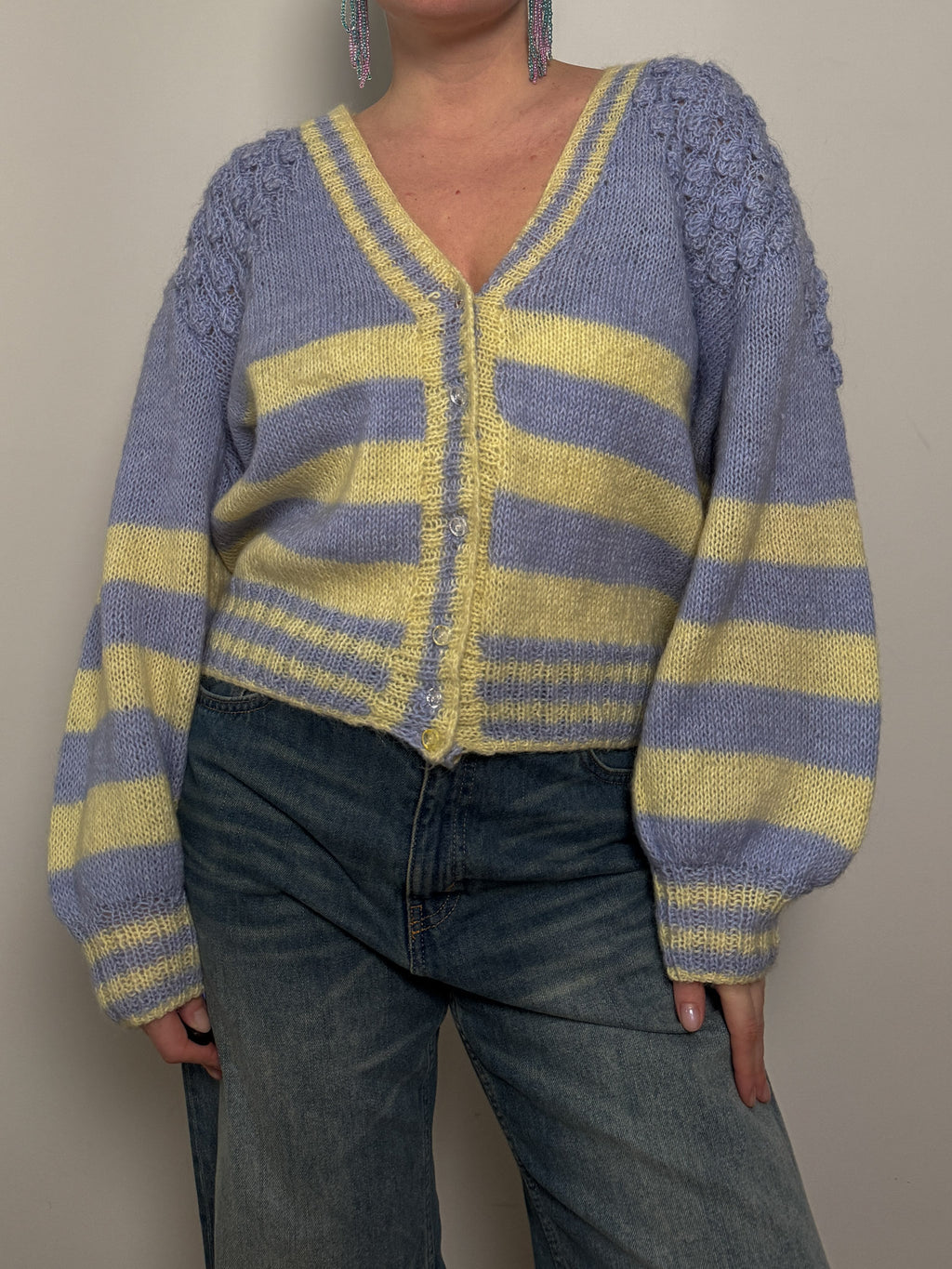 Pure wool embroidered sky and yellow cardigan