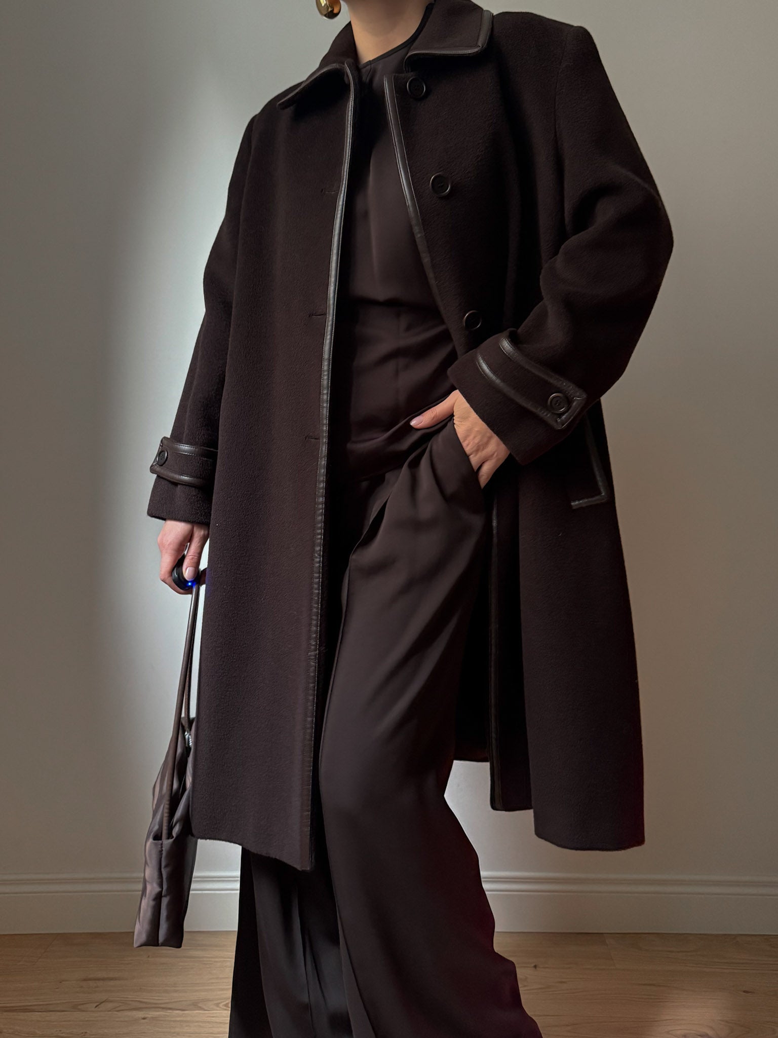 Wool and leather chocolate coat