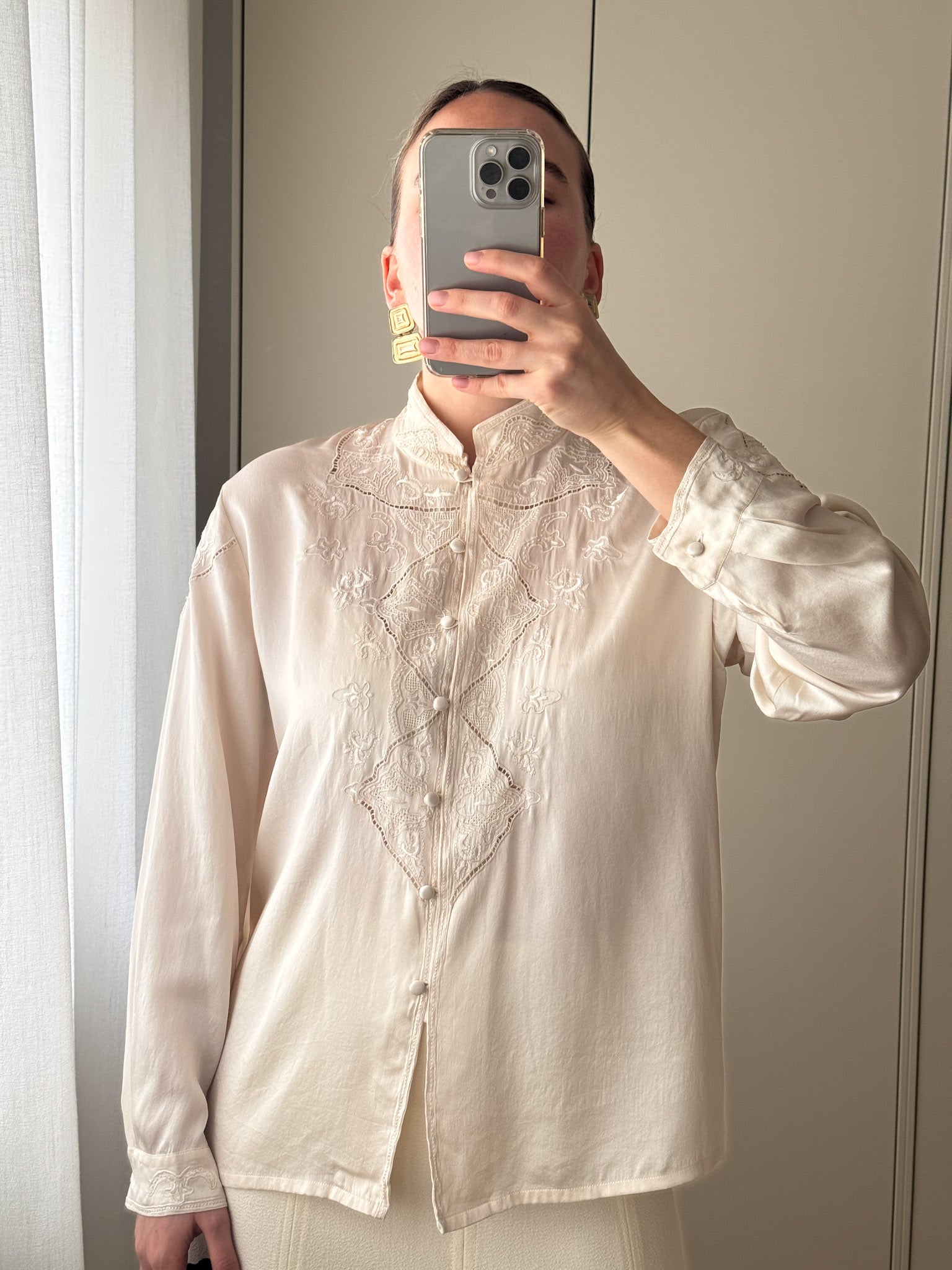 Pure silk embroidered ivory blouse