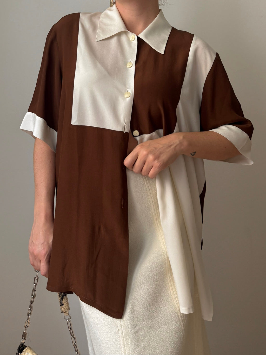 Silk blend ivory and chocolate shirt
