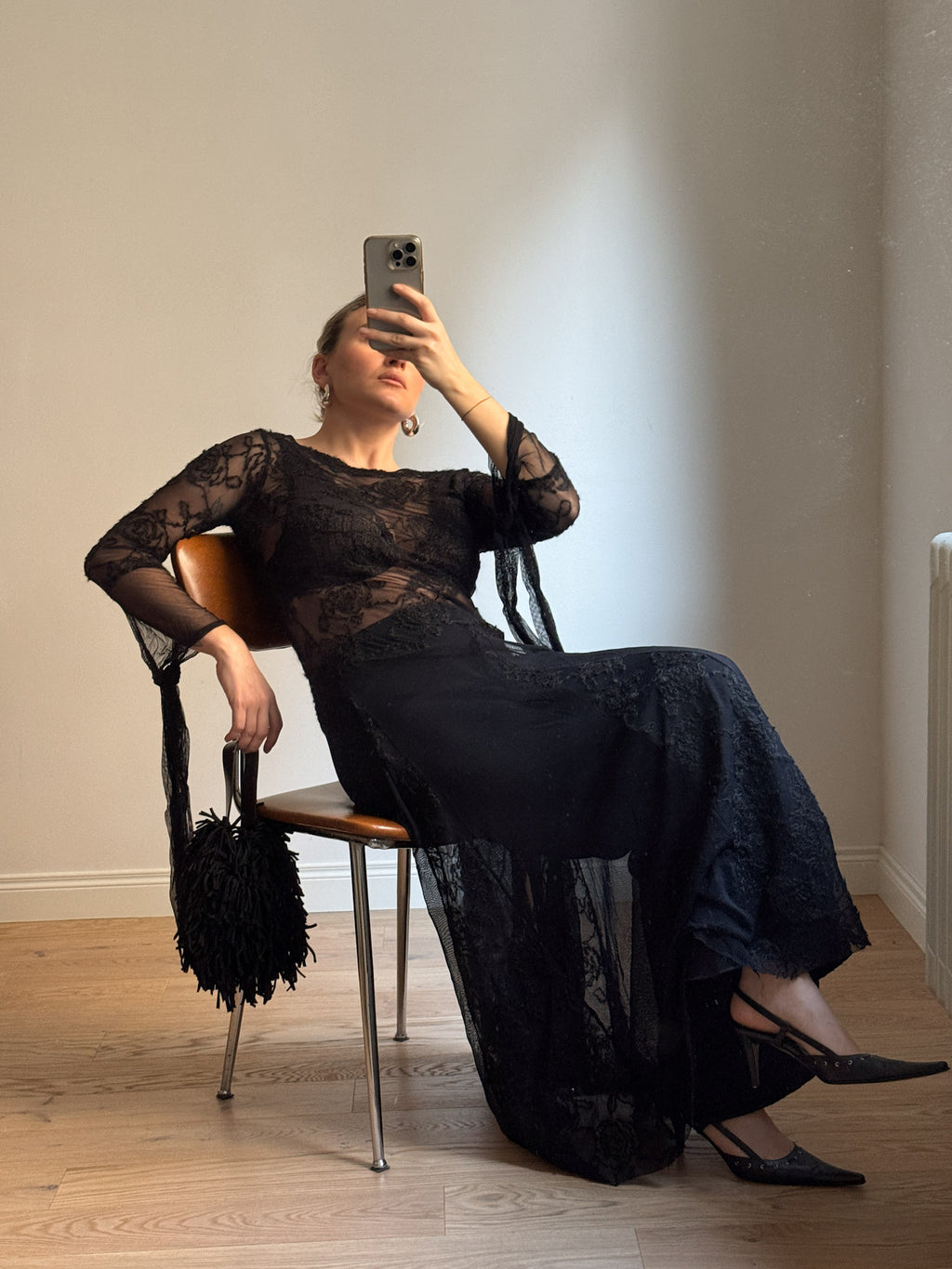Black semi-sheer lace long dress