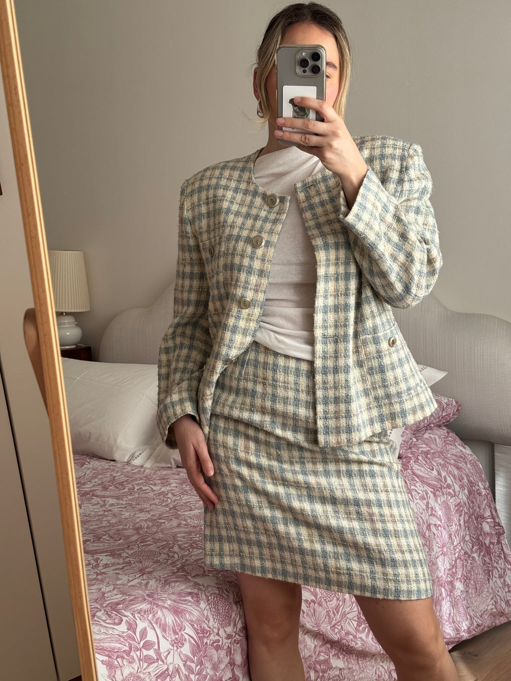 Tweed ivory and sky suit