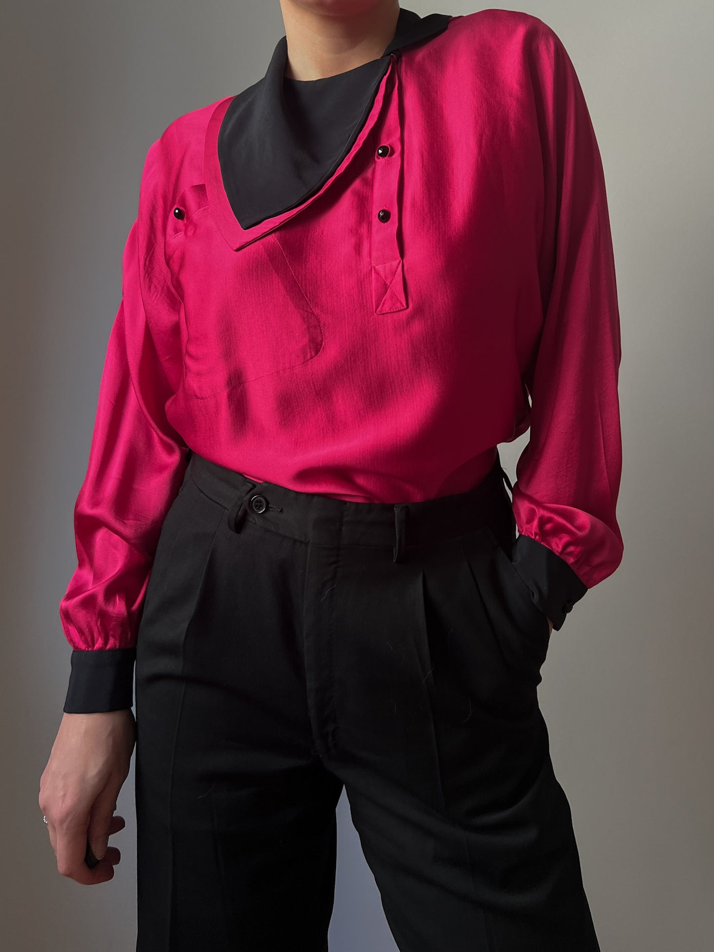 Pure silk black and cyclamen blouse