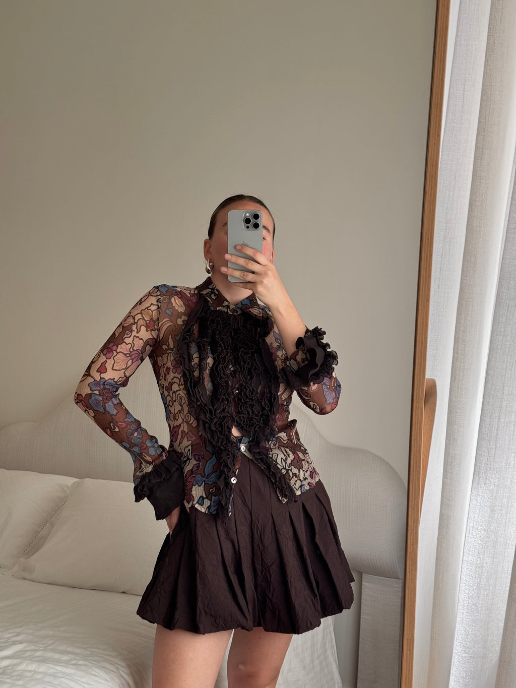 Pure silk rouches printed shirt