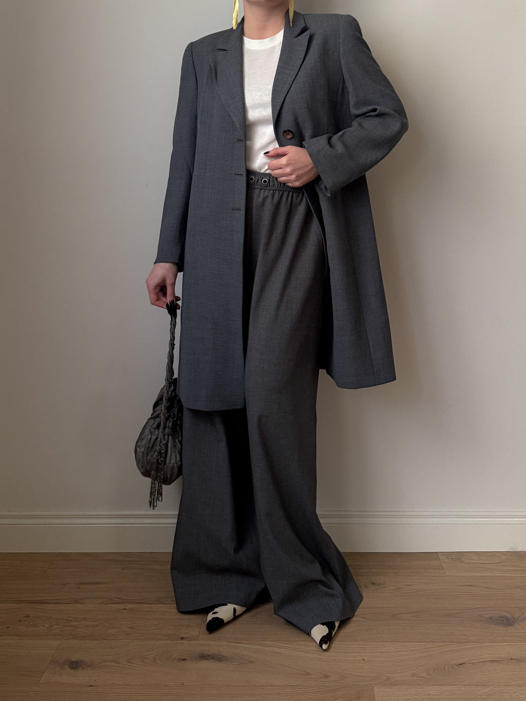 Blazer lungo vintage in lana e viscosa grigio