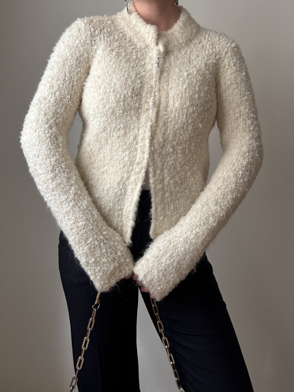 Wool and mohair ivory bouclè cardigan